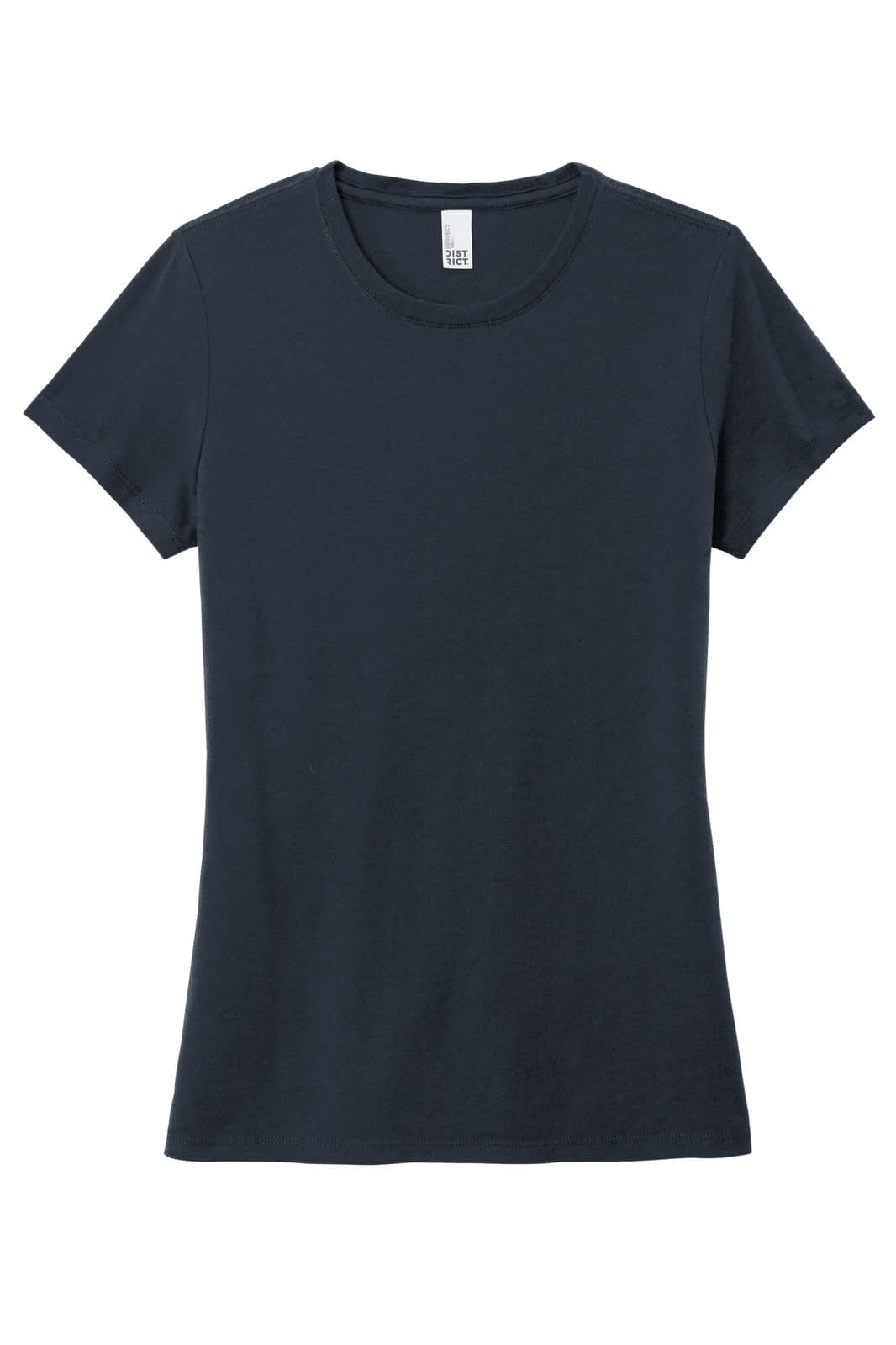 A navy blue ladies' crew tee featuring short sleeves and a round neckline, with a logo displayed.
