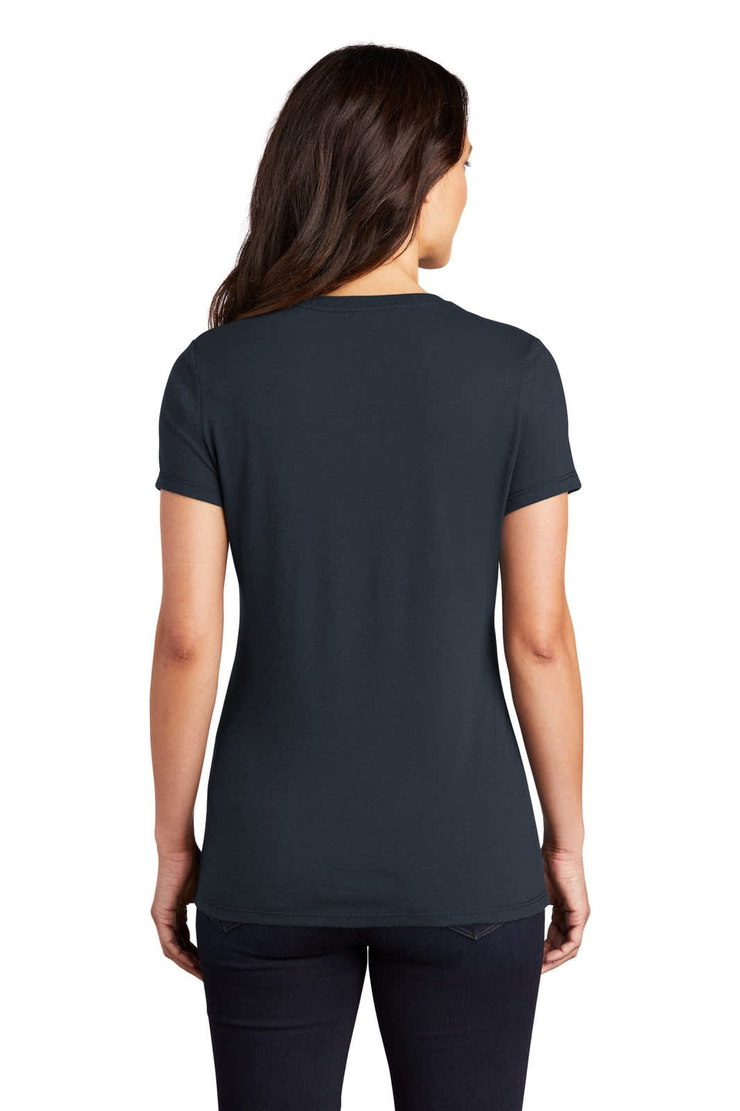 A black ladies' crew tee with short sleeves, featuring a fitted design and a logo on the back.