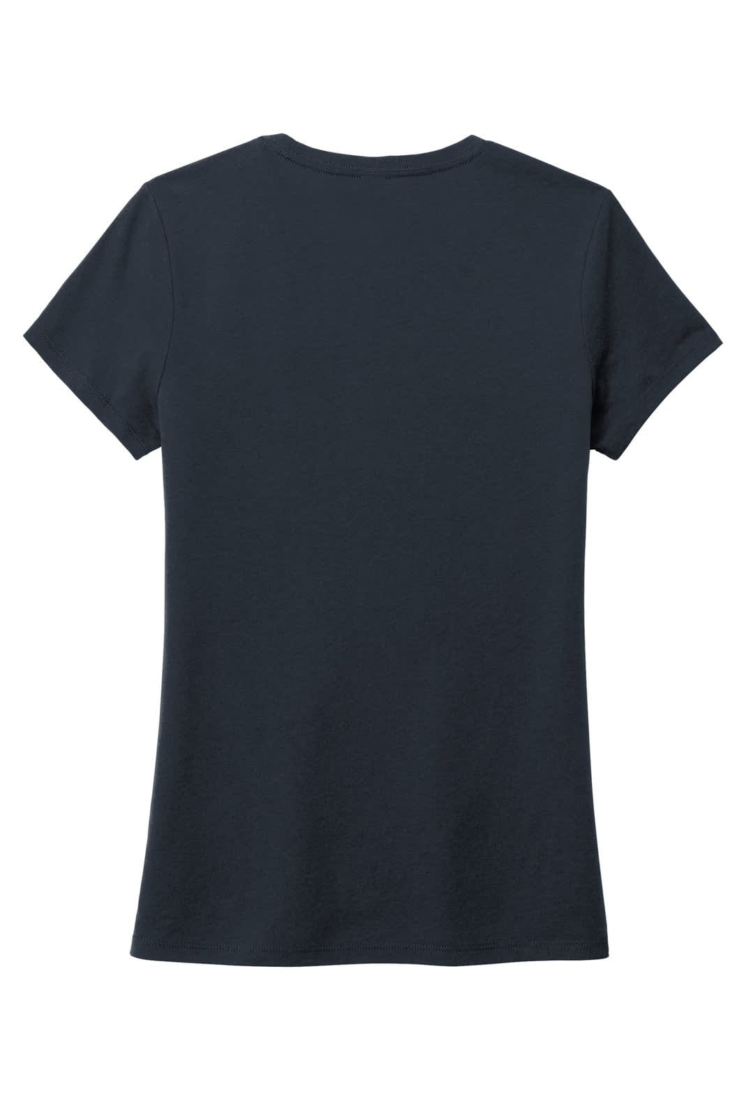 A navy blue ladies' t-shirt with a crew neckline and short sleeves, featuring a logo on the back.