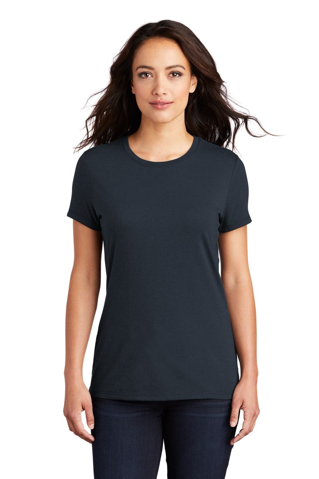 A woman wearing a black short-sleeve crew tee. The shirt has a brand logo on it.