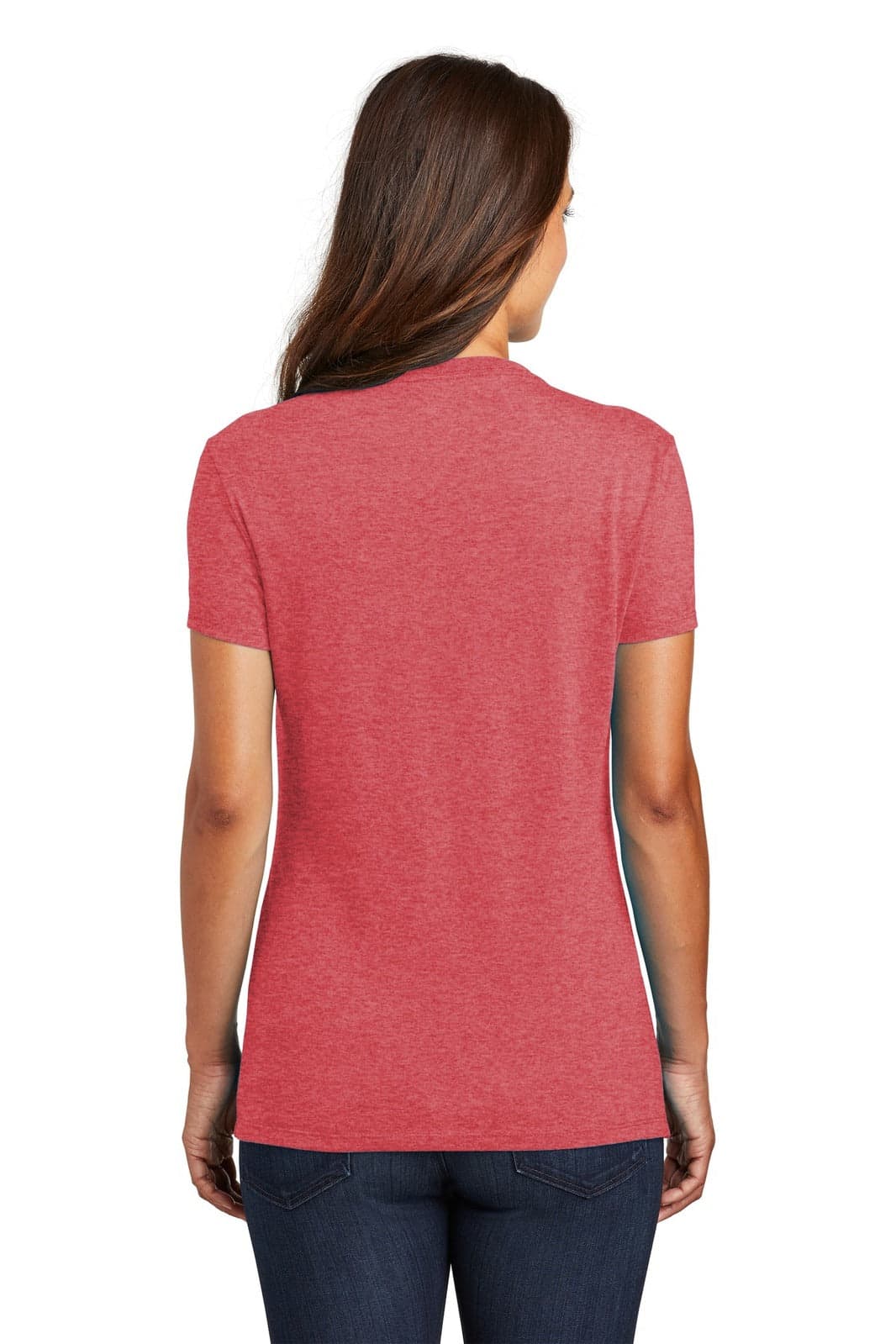 A red ladies' t-shirt with short sleeves, featuring a fitted design and a small logo on the back.