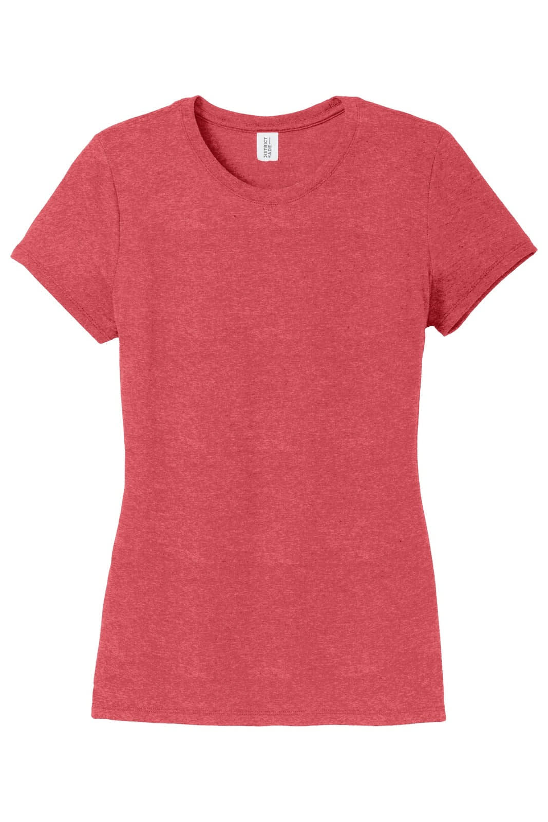 A red ladies' crew tee shirt with a fitted style and short sleeves, featuring a logo on the label.
