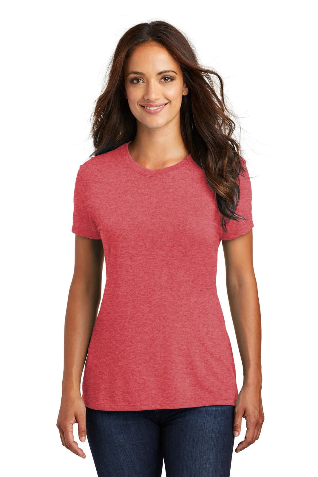 A woman wears a short-sleeve, red crew tee shirt with a branded logo.