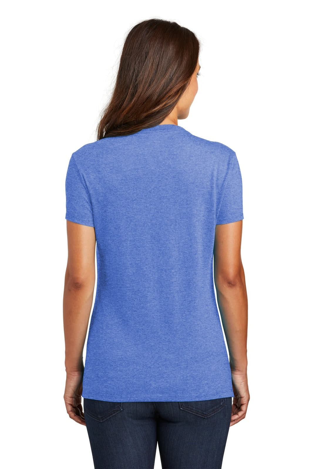 A blue women's short-sleeve t-shirt displayed from the back, featuring a fitted design and a logo on the back.