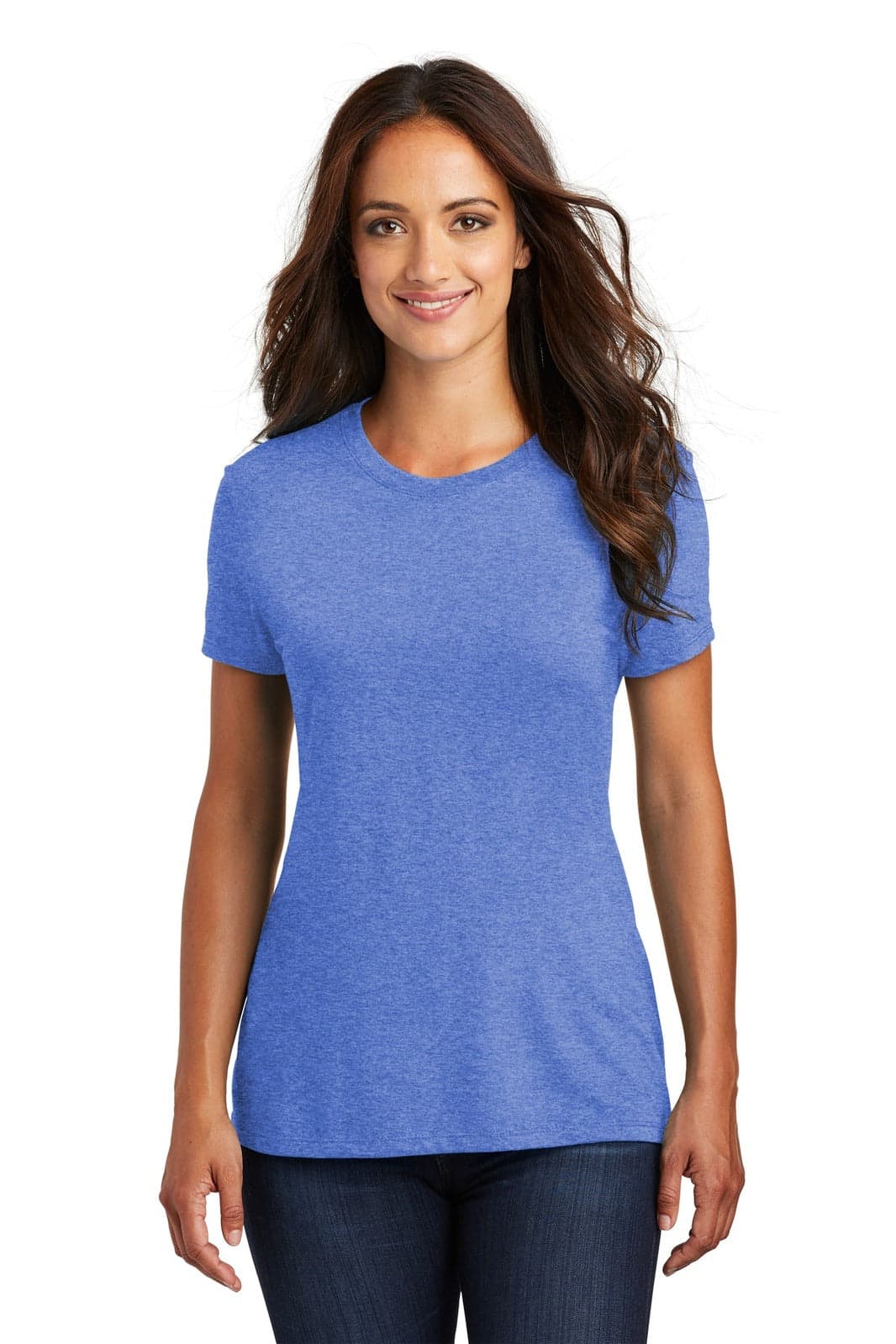 A blue ladies' crew neck t-shirt with short sleeves, featuring a fitted design and a logo.