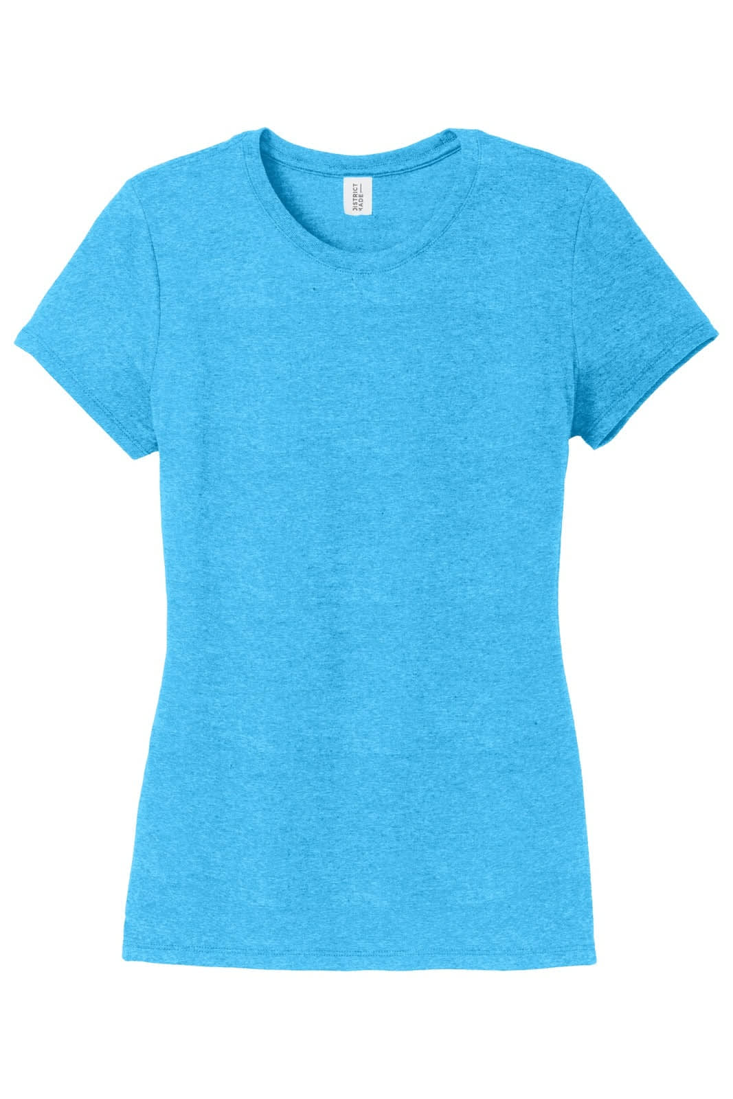A blue ladies' crew t-shirt with short sleeves and a fitted silhouette, featuring a branding logo.