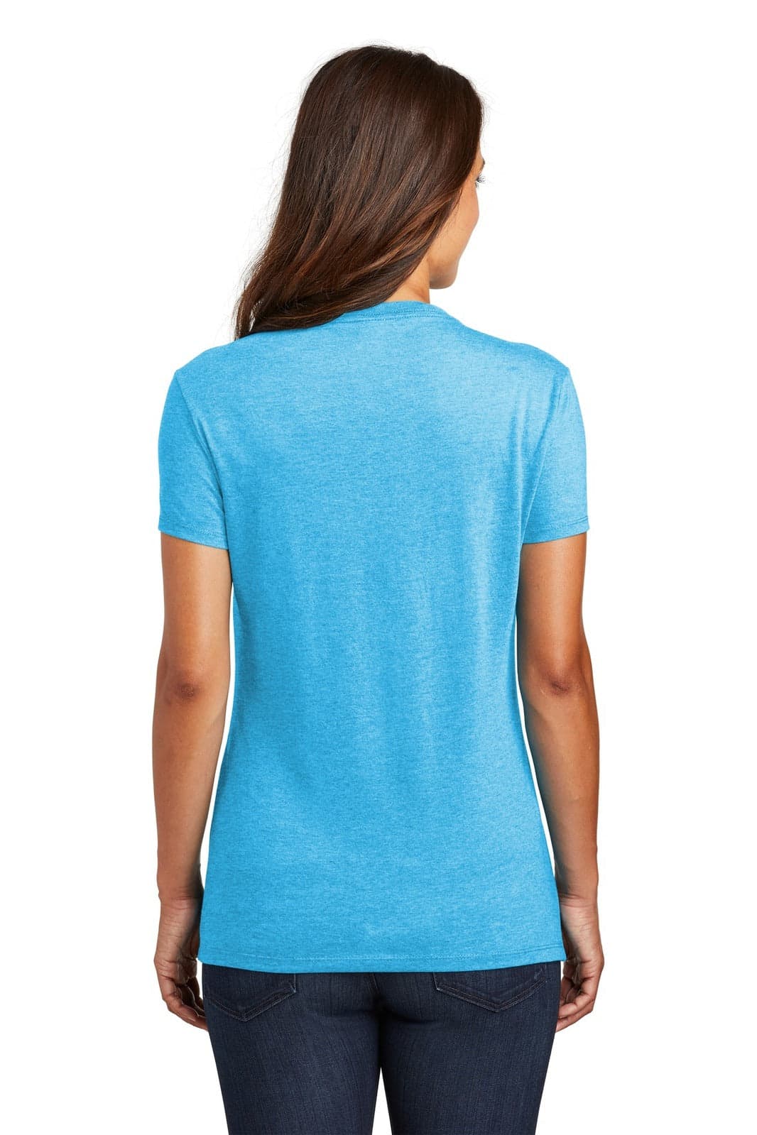 A blue ladies' crew tee with short sleeves, featuring a logo on the back and a relaxed fit.
