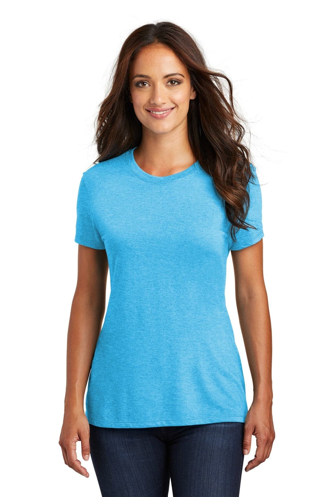 A blue ladies' t-shirt with short sleeves and a round neckline, featuring a logo on the front.