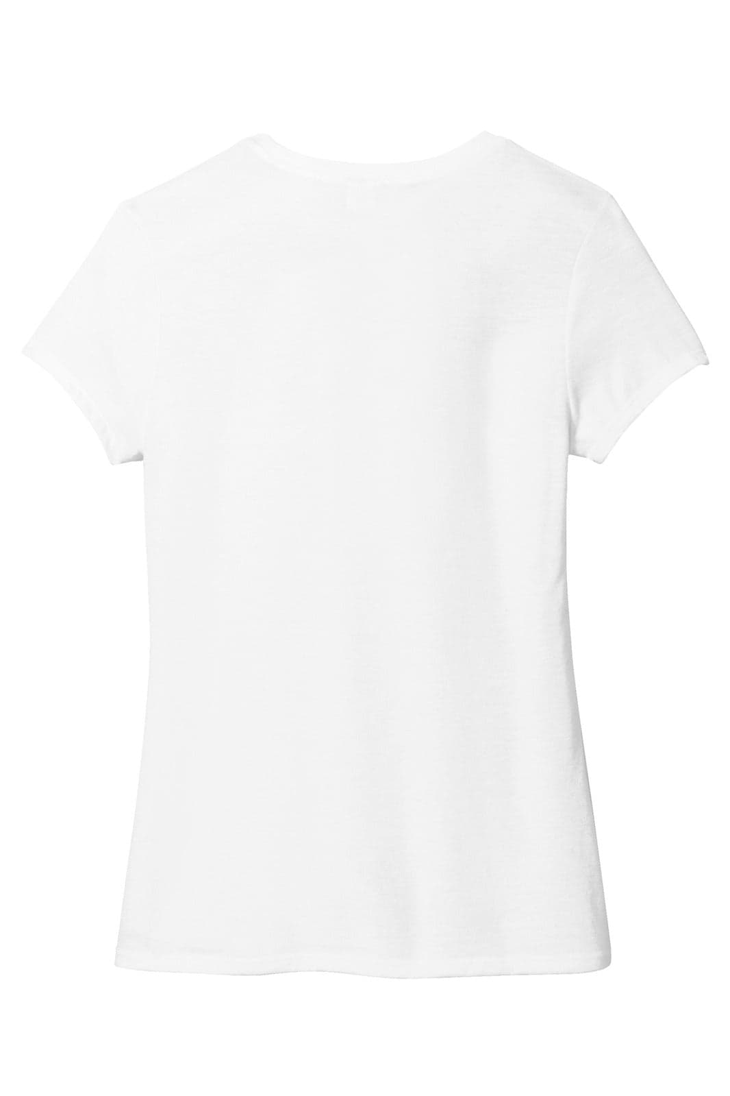 A white ladies' crew tee with short sleeves, featuring a smooth back design and a logo.