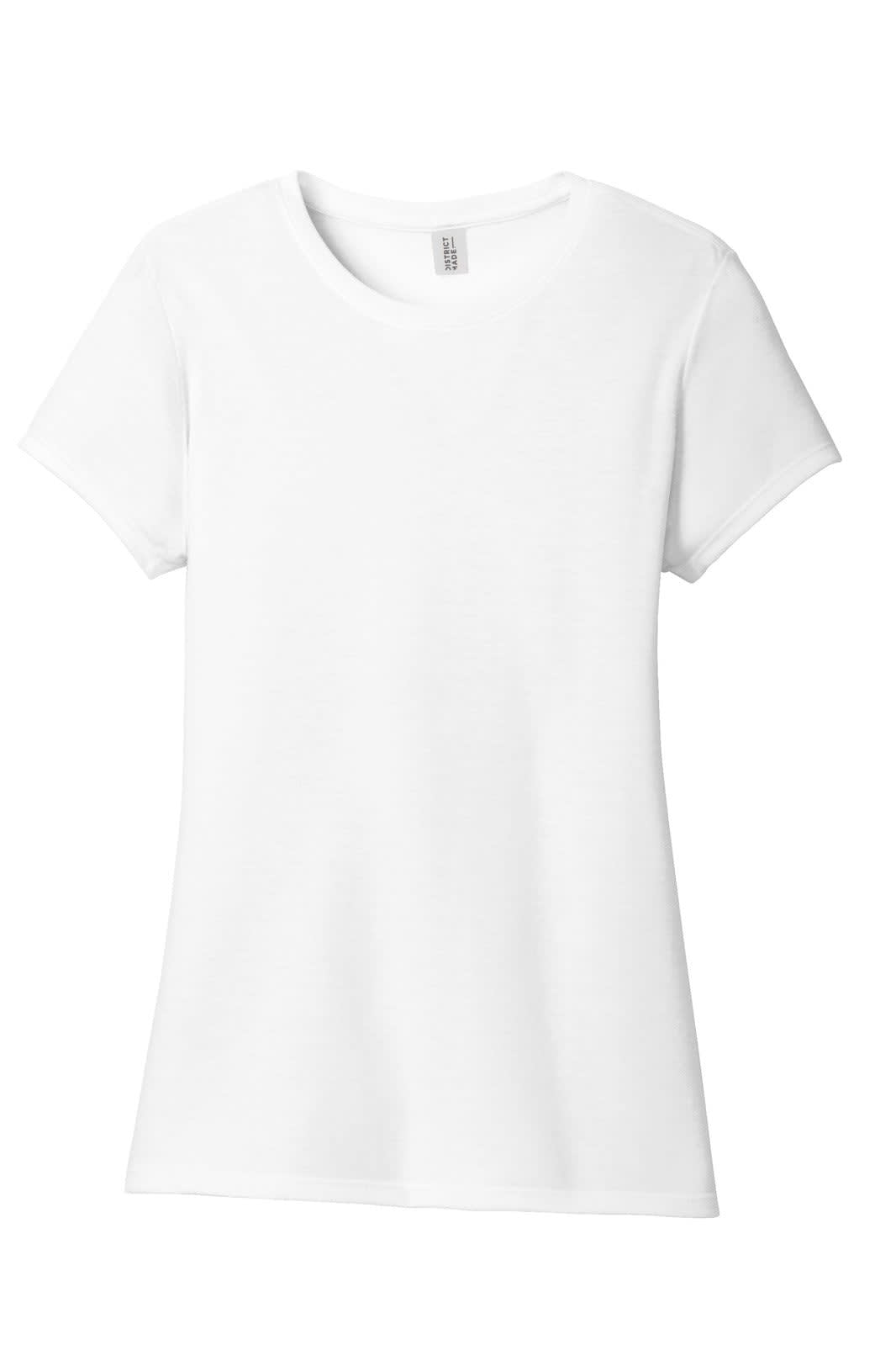 A white ladies' crew t-shirt with short sleeves and a fitted design. It features a logo.