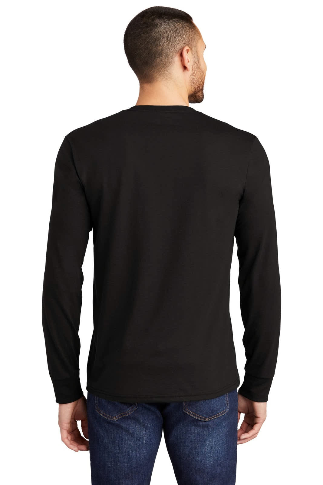 A black long sleeve crew tee is displayed from the back, featuring a simple design and a logo.