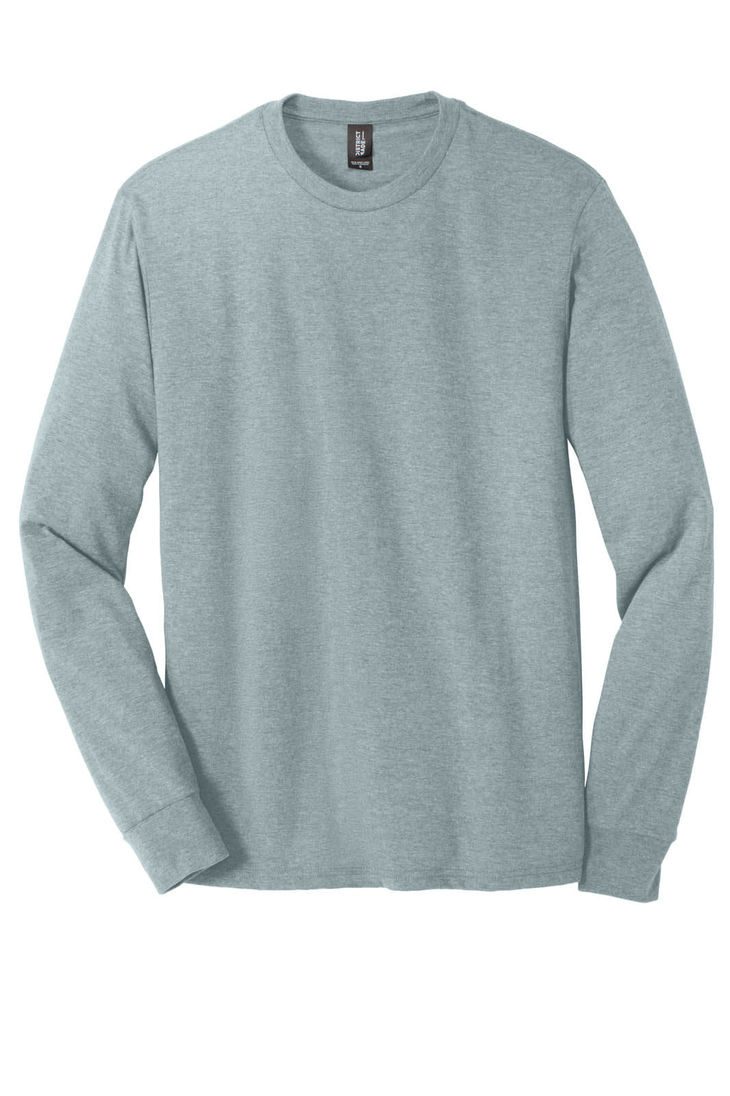 A pale grey long sleeve crew tee featuring a logo on the collar. Made from a comfortable tri-blend fabric.