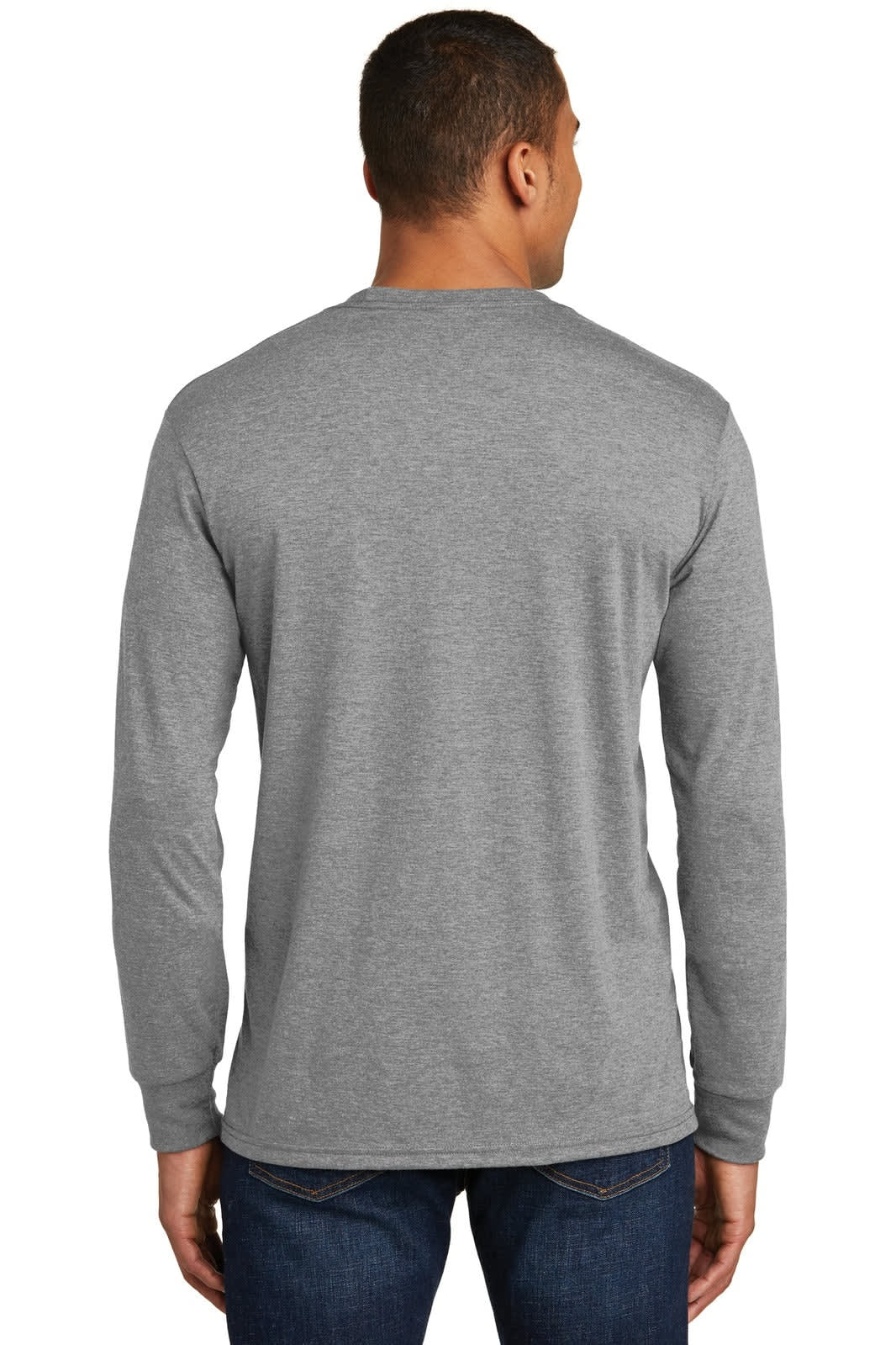 A grey long sleeve crew tee is displayed on a model from the back. The shirt features a logo.
