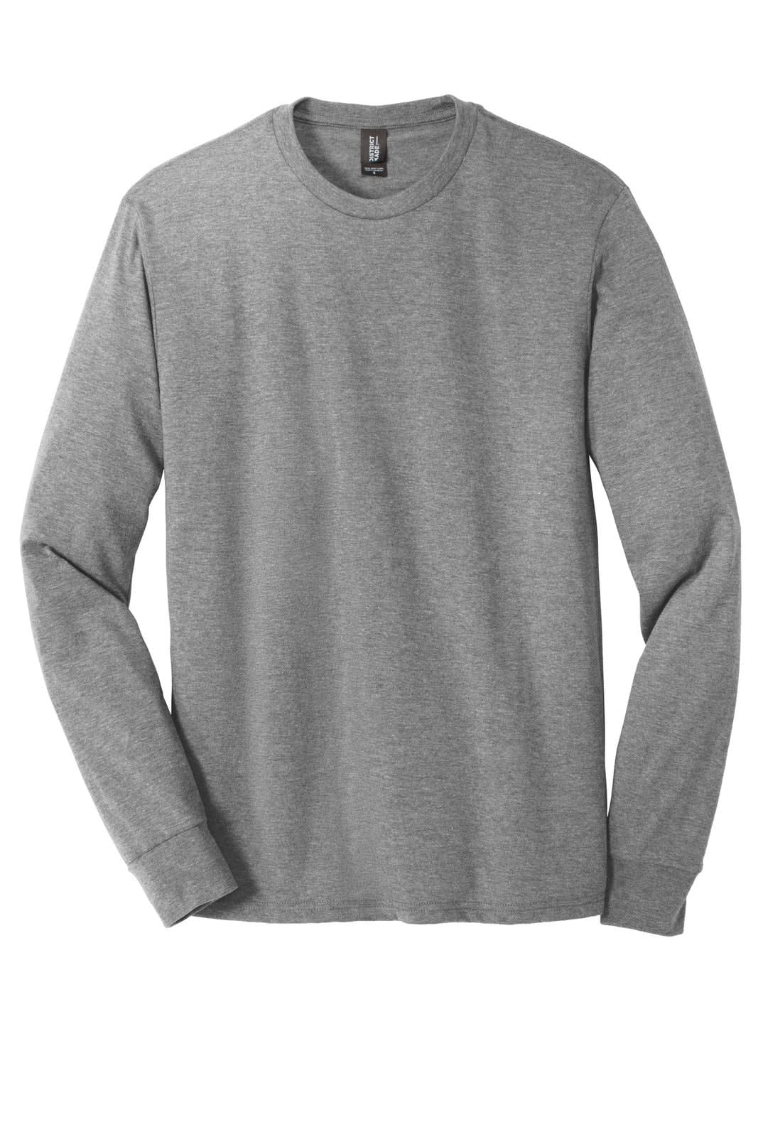 A grey long sleeve crew tee featuring a logo on the neckline. Made from a comfortable blend of materials.