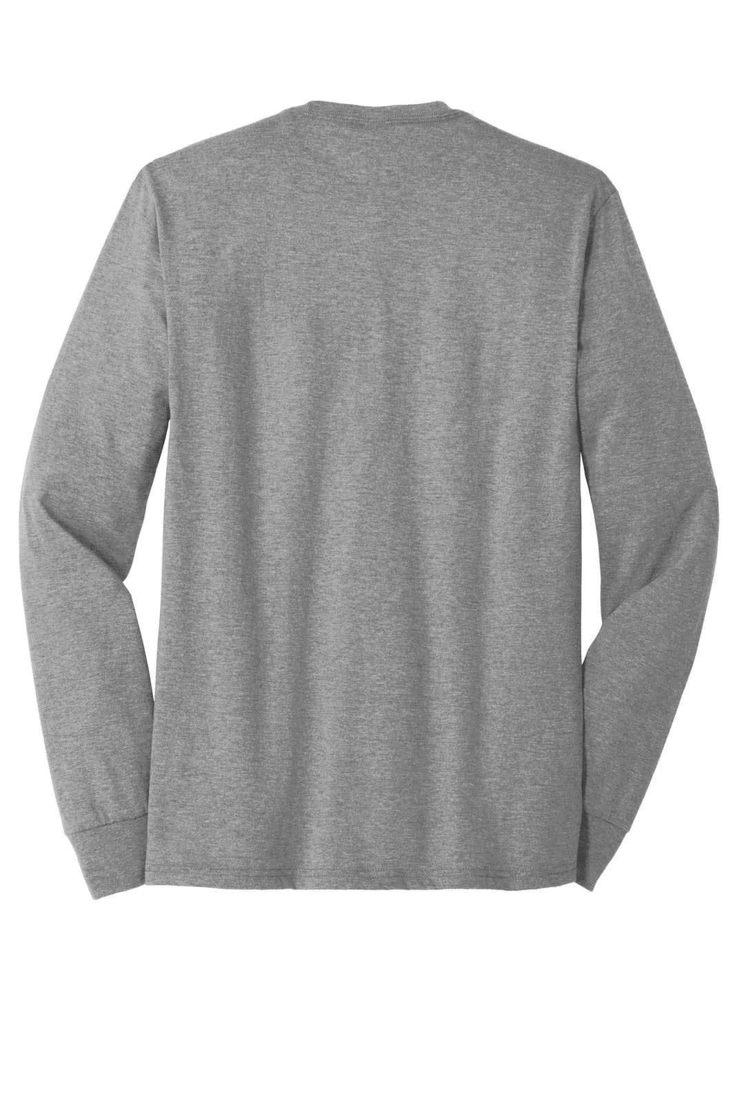 A grey long sleeve crew tee with a classic fit, featuring a back view and a logo on the label.
