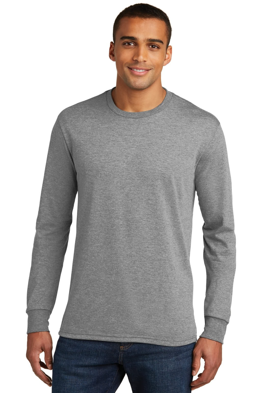 A long sleeve crew tee in grey for men, featuring a classic neckline and fitted sleeves. It has a logo.