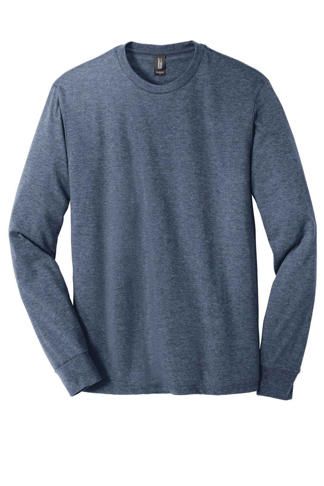 A long sleeve crew tee in a heather navy blue colour, featuring a logo on the label.