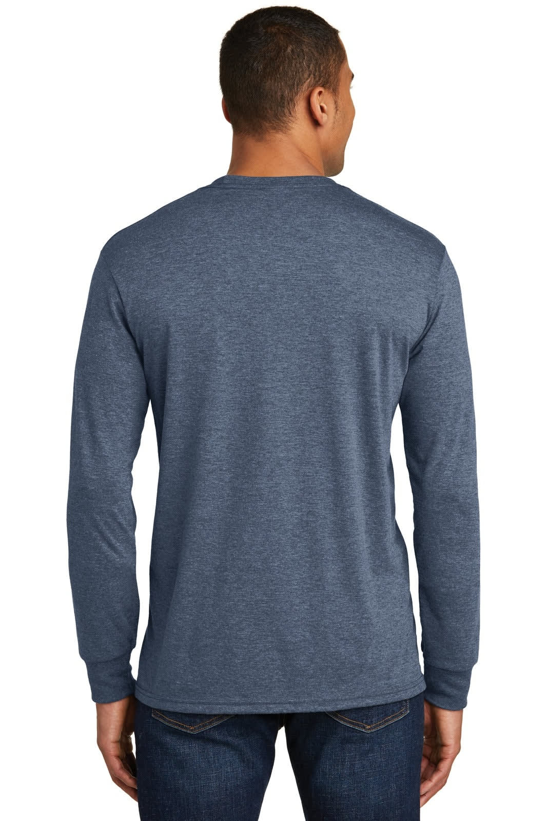 A man is wearing a long-sleeve blue crew tee from the back, with a logo on the shirt.