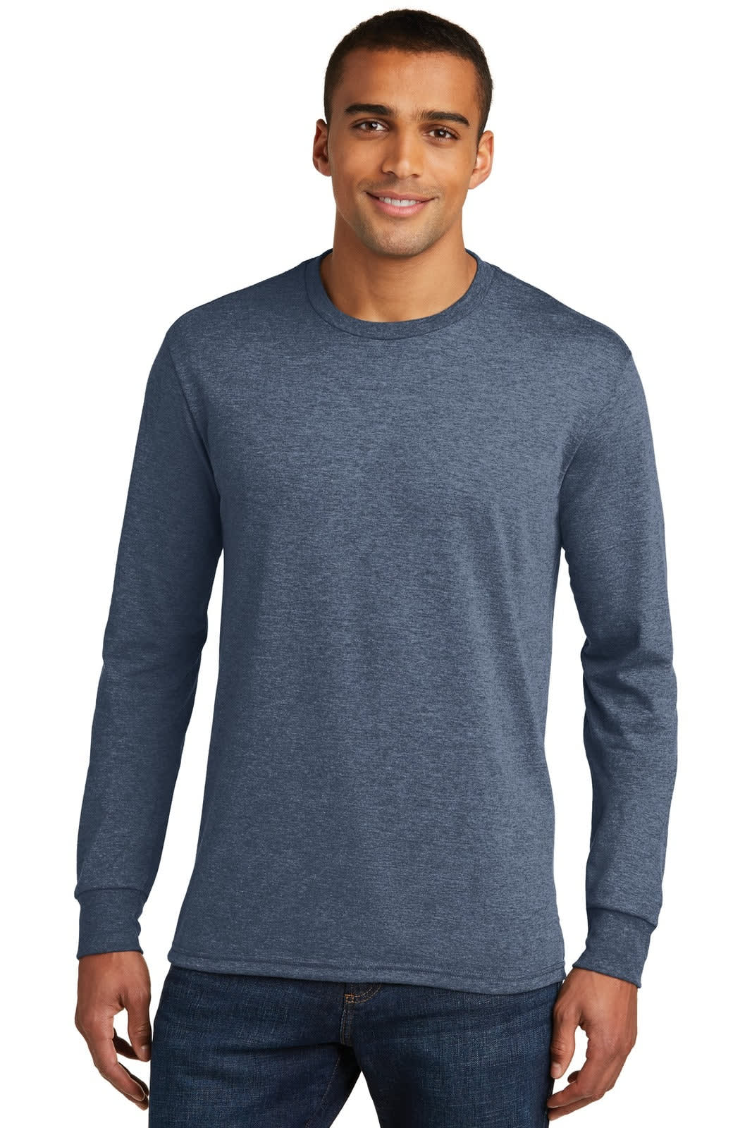 A long sleeve crew tee in a dark blue shade, featuring a logo on the chest, modelled by a man.