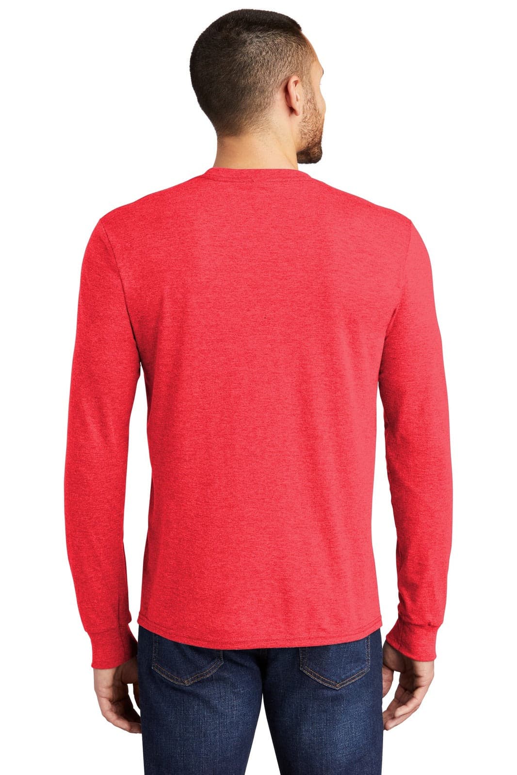A long sleeve crew tee in vibrant red with a simple design and logo on the back.