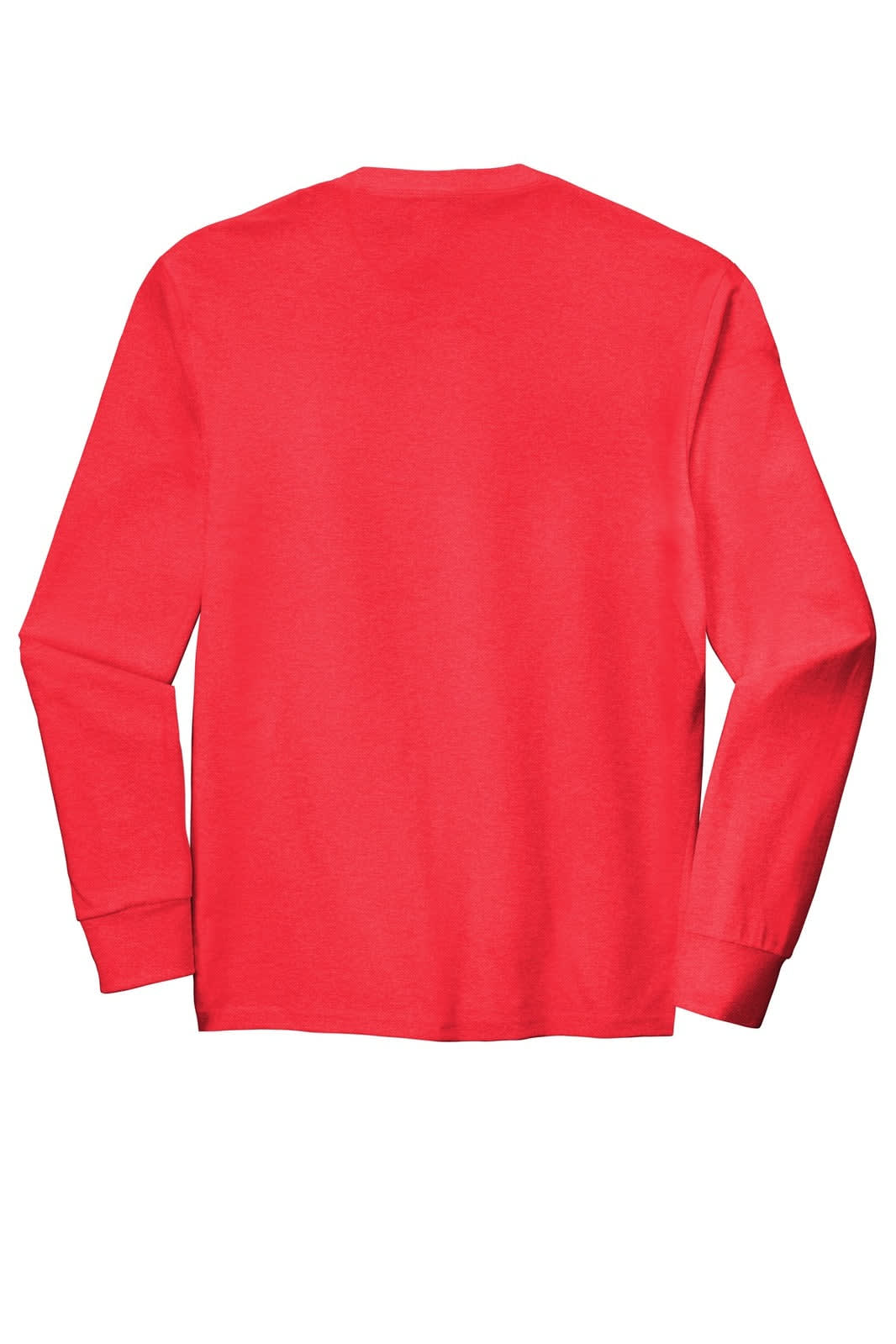 A red long sleeve crew tee with a plain back design and ribbed cuffs. It features a logo on the neck area.