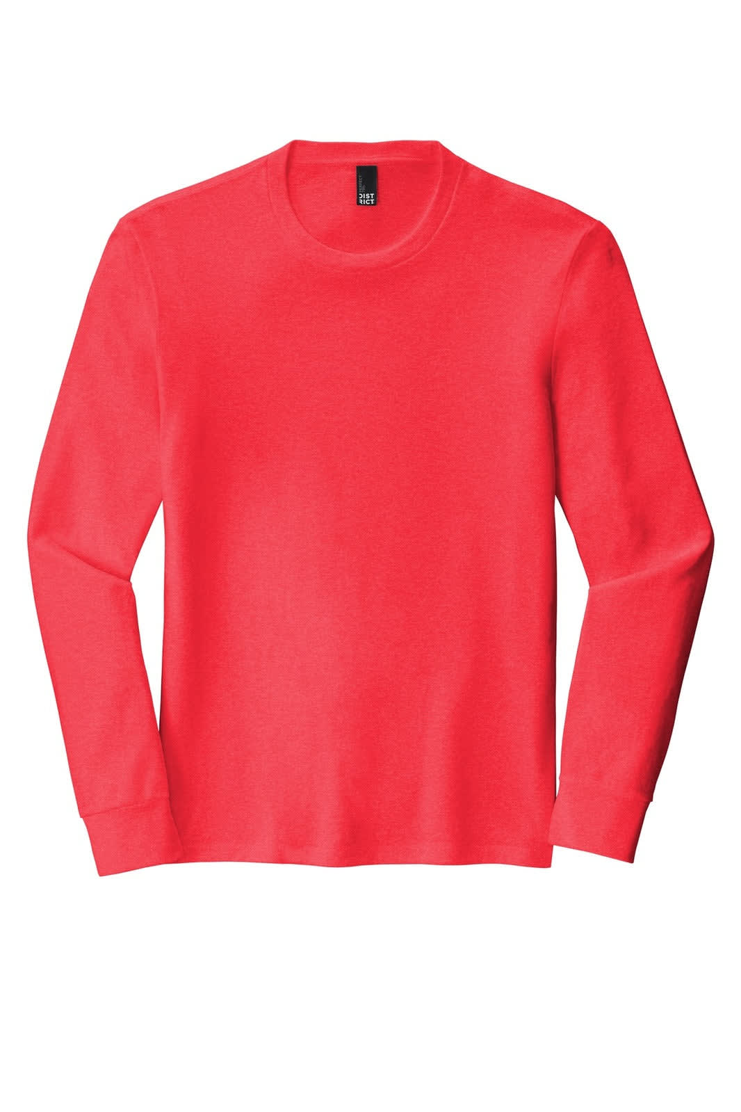 A long sleeve crew tee in vibrant red with a logo on the neck area. Made from a soft fabric blend.