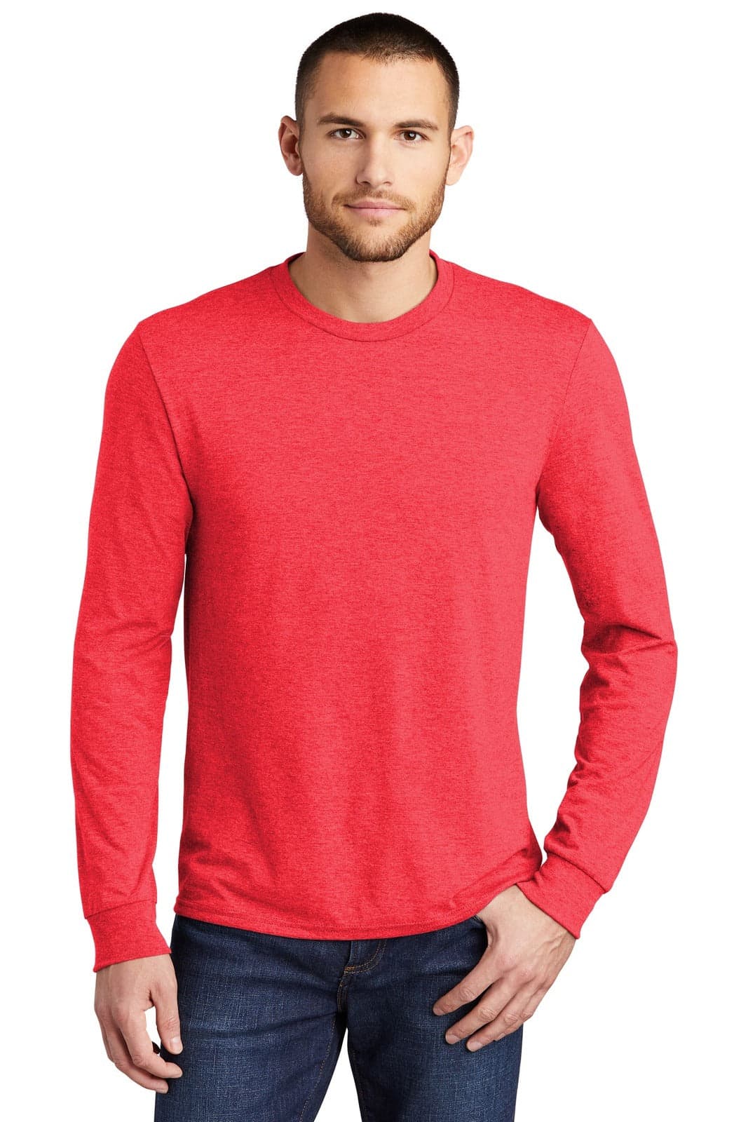 A long sleeve crew tee in red, featuring a classic design and a small logo on the chest.