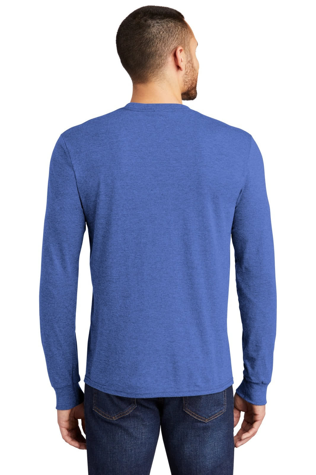 A blue long sleeve crew tee made from a soft fabric, featuring a logo on the back.