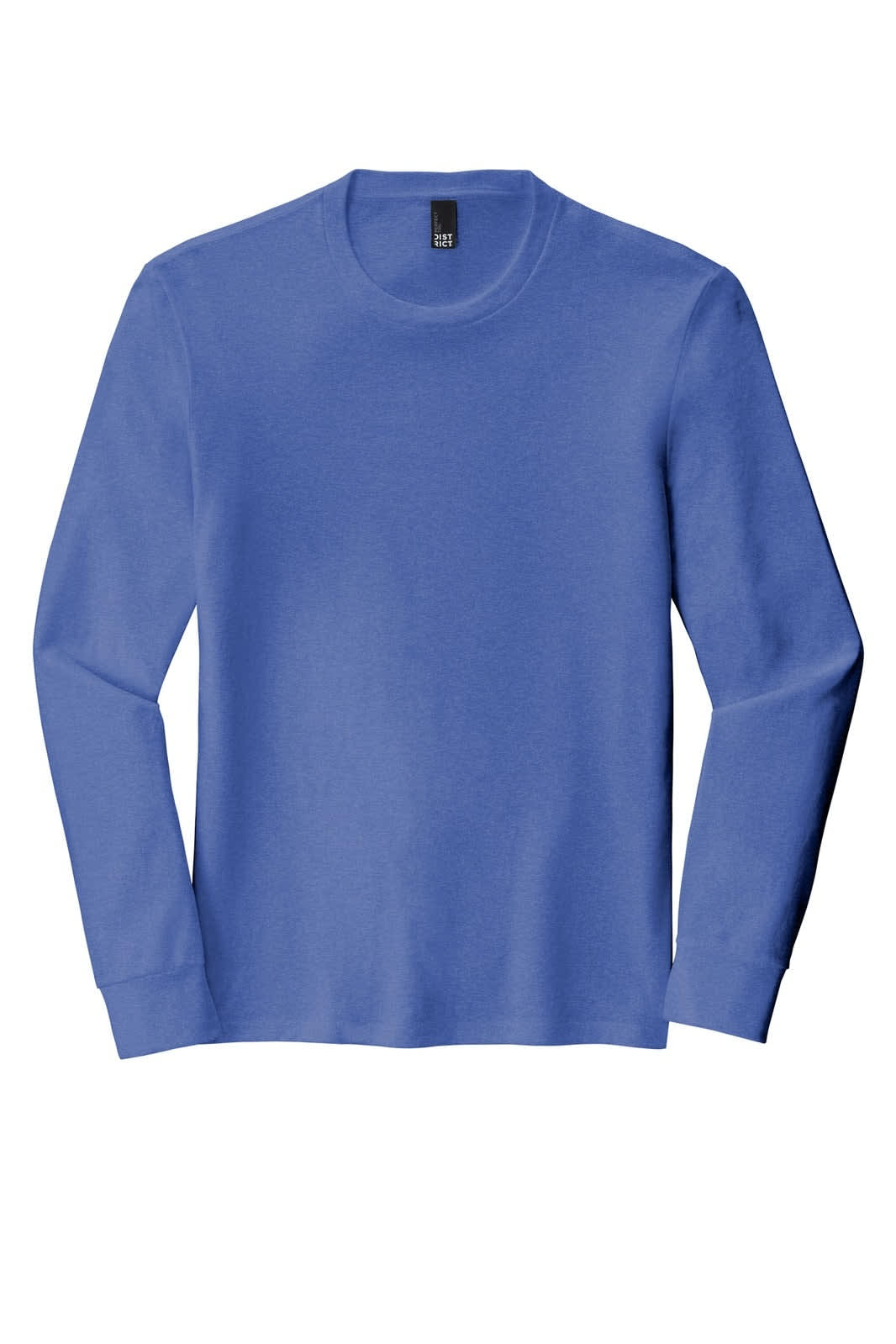 A blue long sleeve crew tee with a logo tag at the neckline. Soft fabric with fitted sleeves.