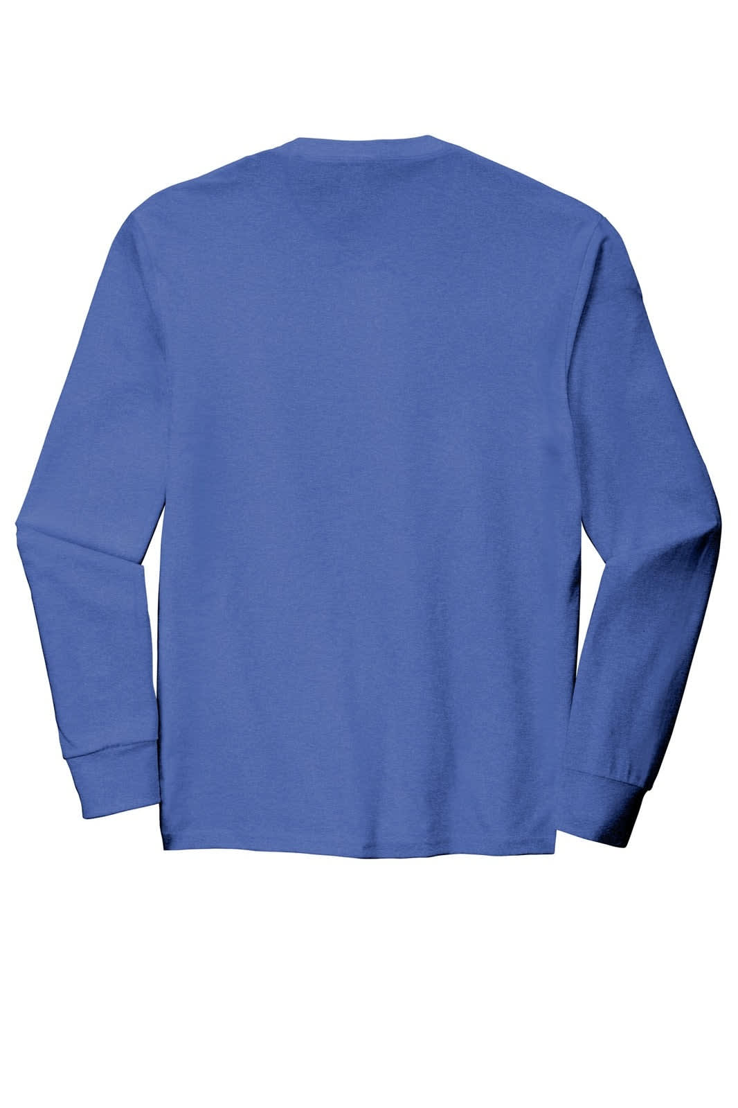 A blue long sleeve crew tee with a plain back. The shirt features long sleeves and a relaxed fit.