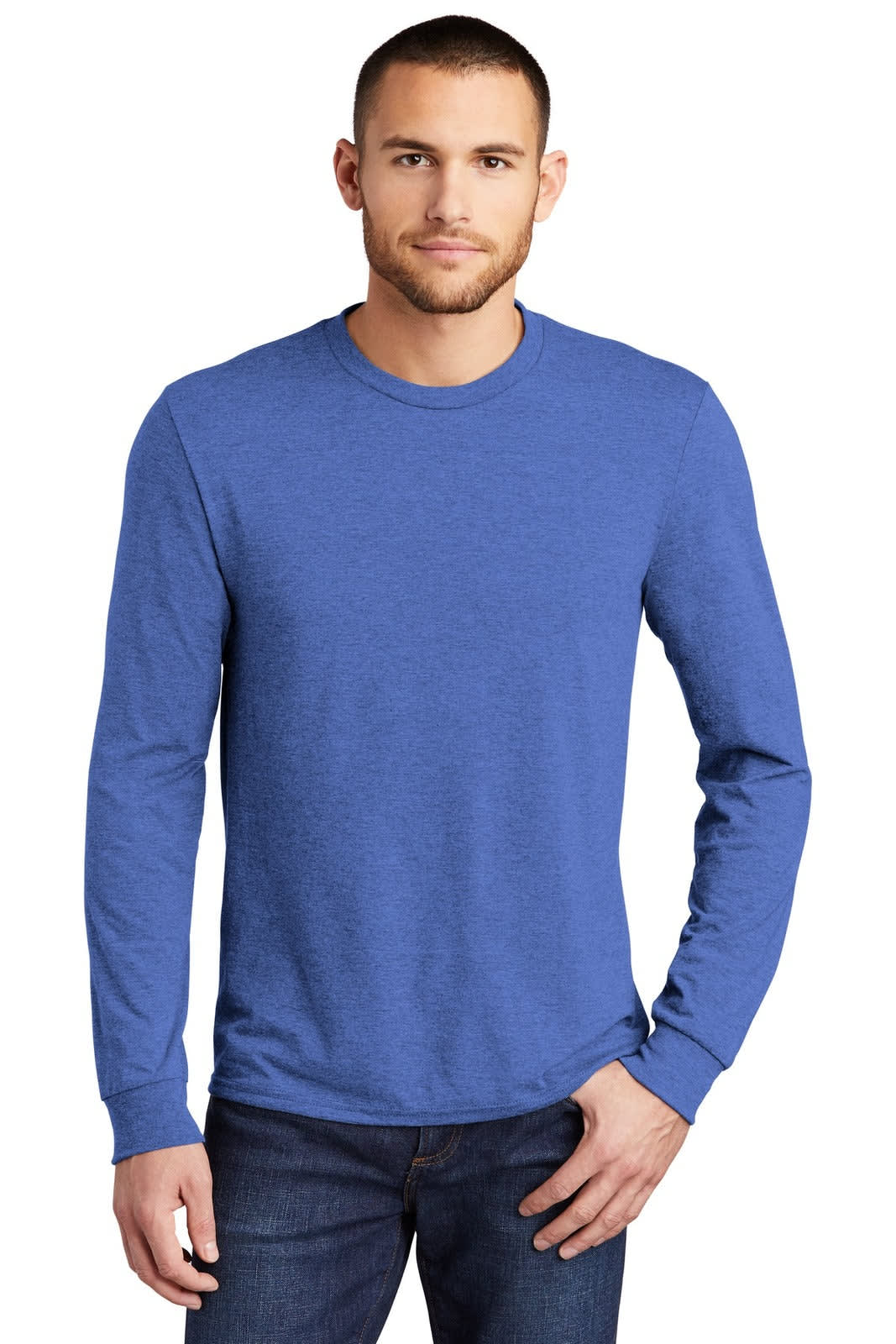A long sleeve crew tee in blue worn by a model, featuring a simple design and a logo.