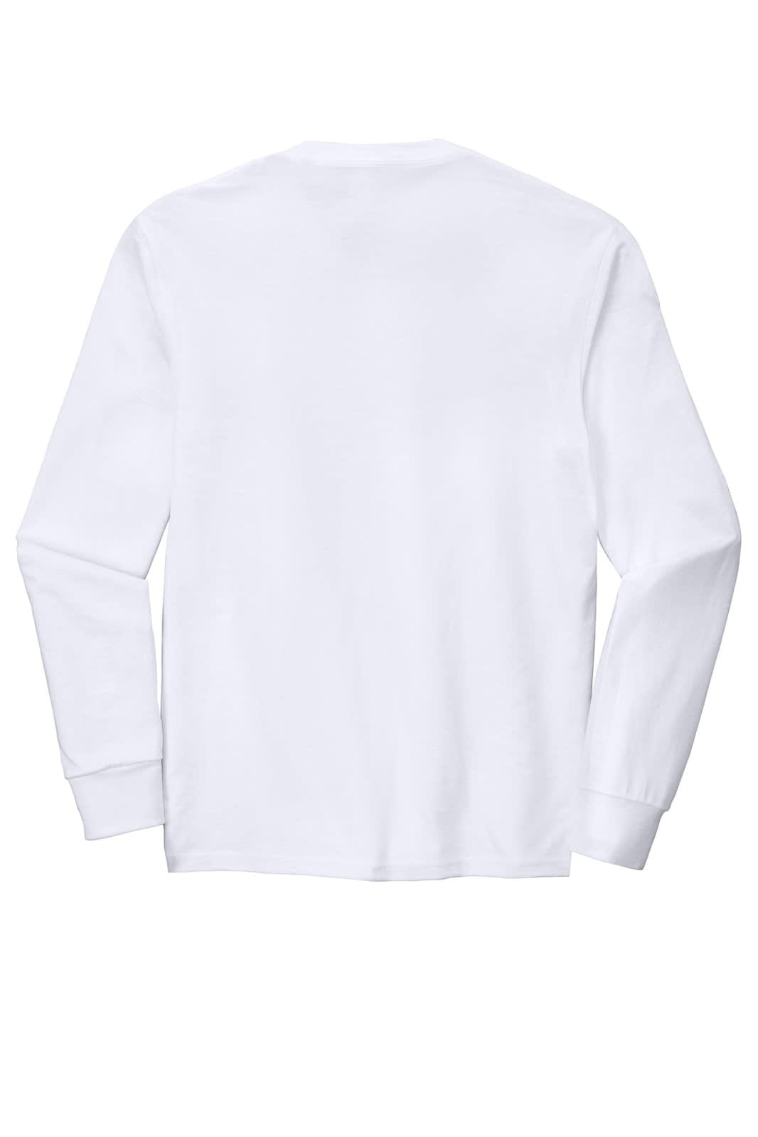 A long sleeve crew tee in white, featuring a smooth back design and a logo at the neck.