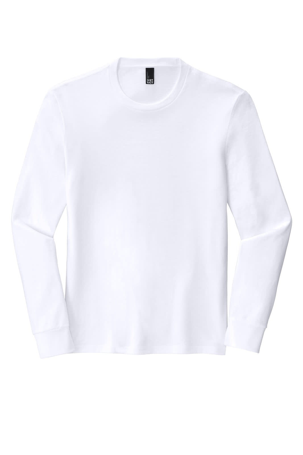 A white long sleeve crew tee with a crew neck design and a logo label on the inside.
