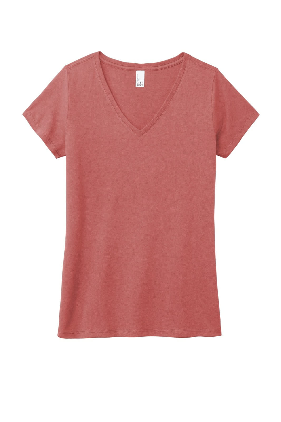 A ladies' V-neck T-shirt in a soft coral colour with short sleeves and a fitted silhouette. Features a logo.