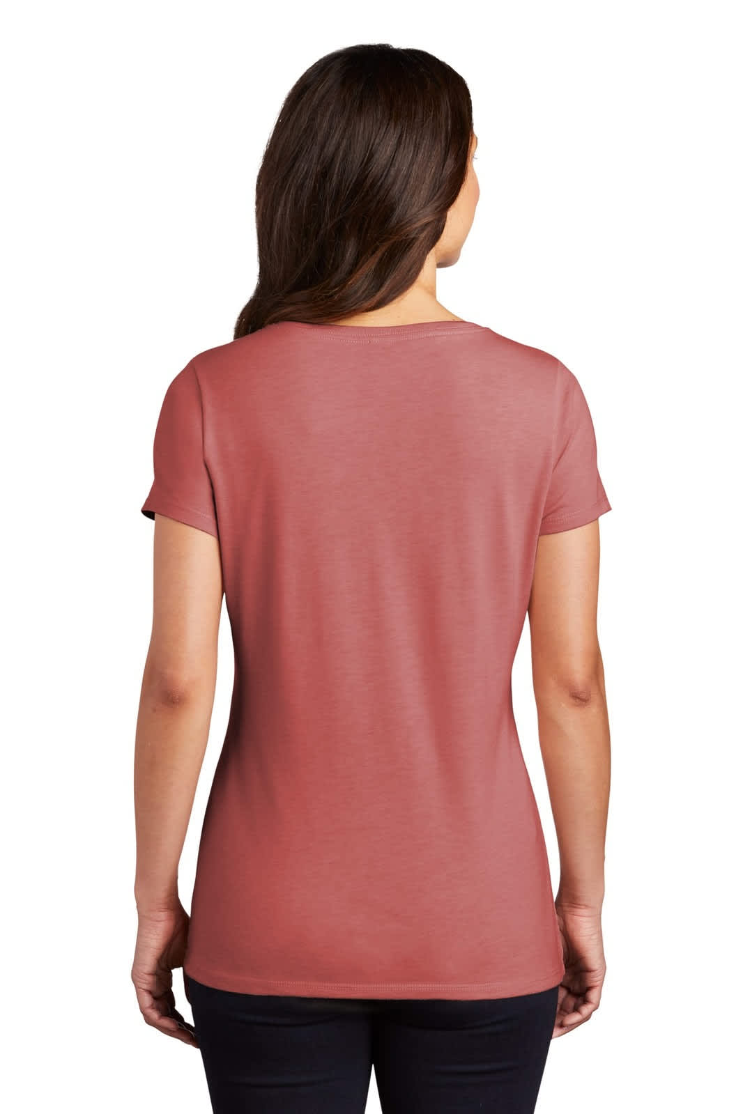 A women's v-neck t-shirt in a dusty rose colour, featuring a fitted design and short sleeves. It has a logo on the back.