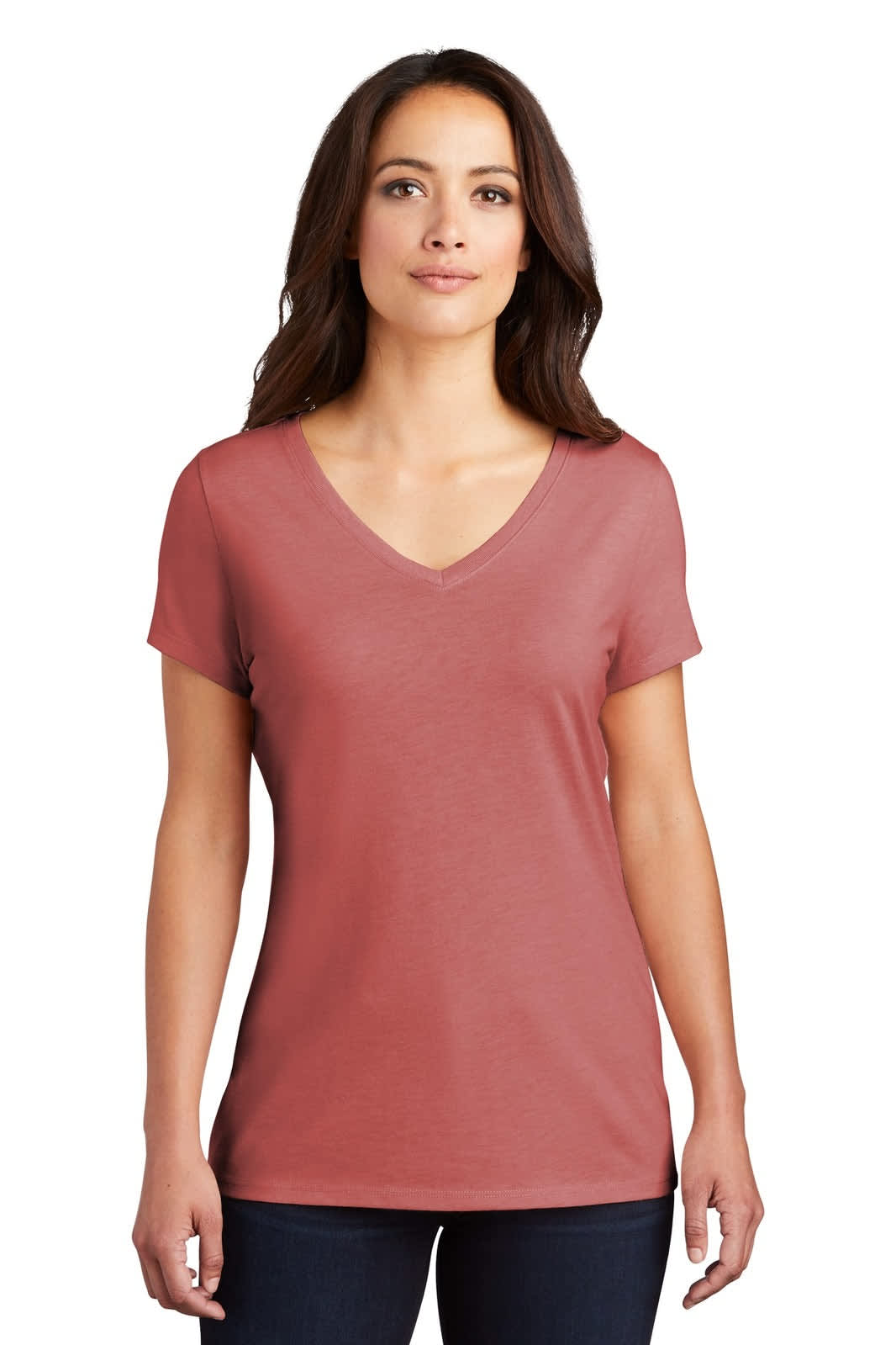 A ladies' V-neck T-shirt in a dusty rose colour, featuring short sleeves and a simple design with a logo.