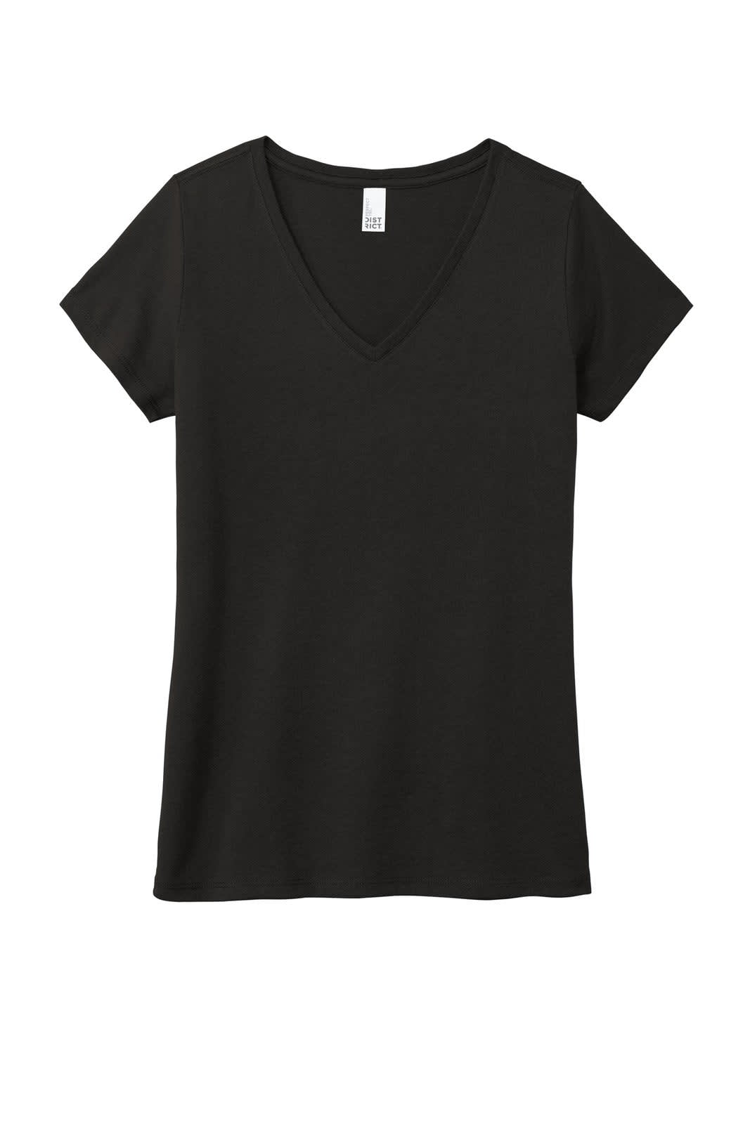 A black ladies' V-neck t-shirt made from a tri-blend fabric, featuring a logo on the label.