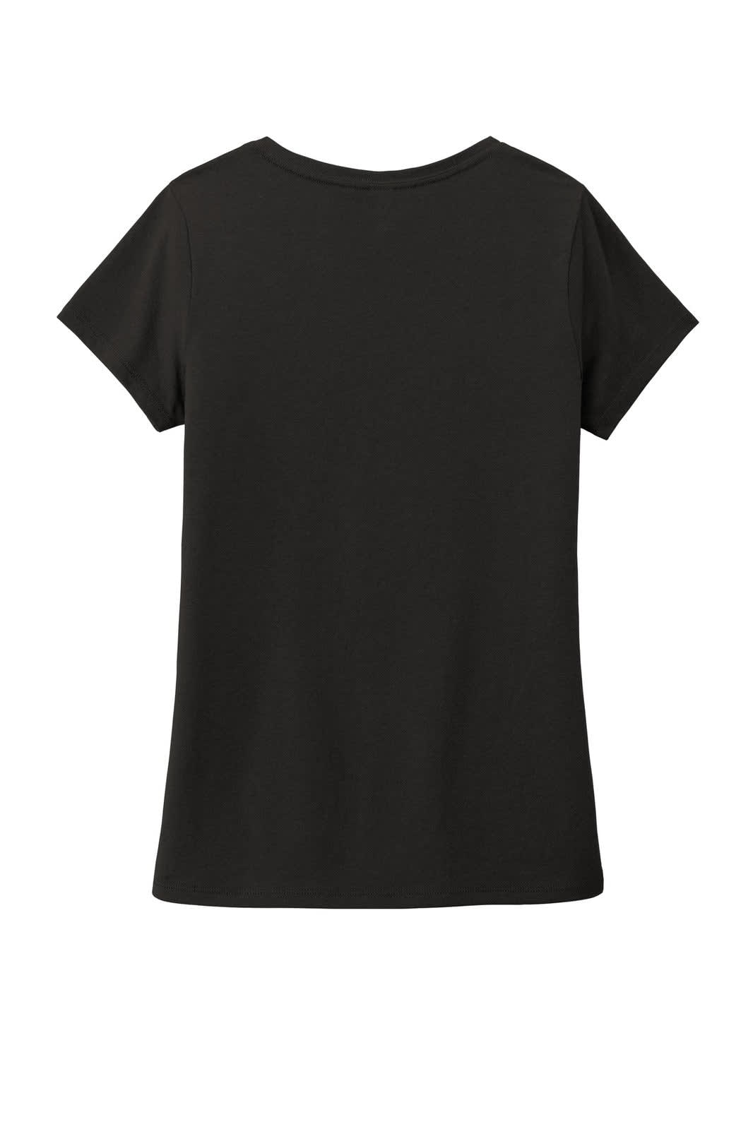 A black ladies' V-neck tee featuring short sleeves and a soft fabric. It has a logo on the back.