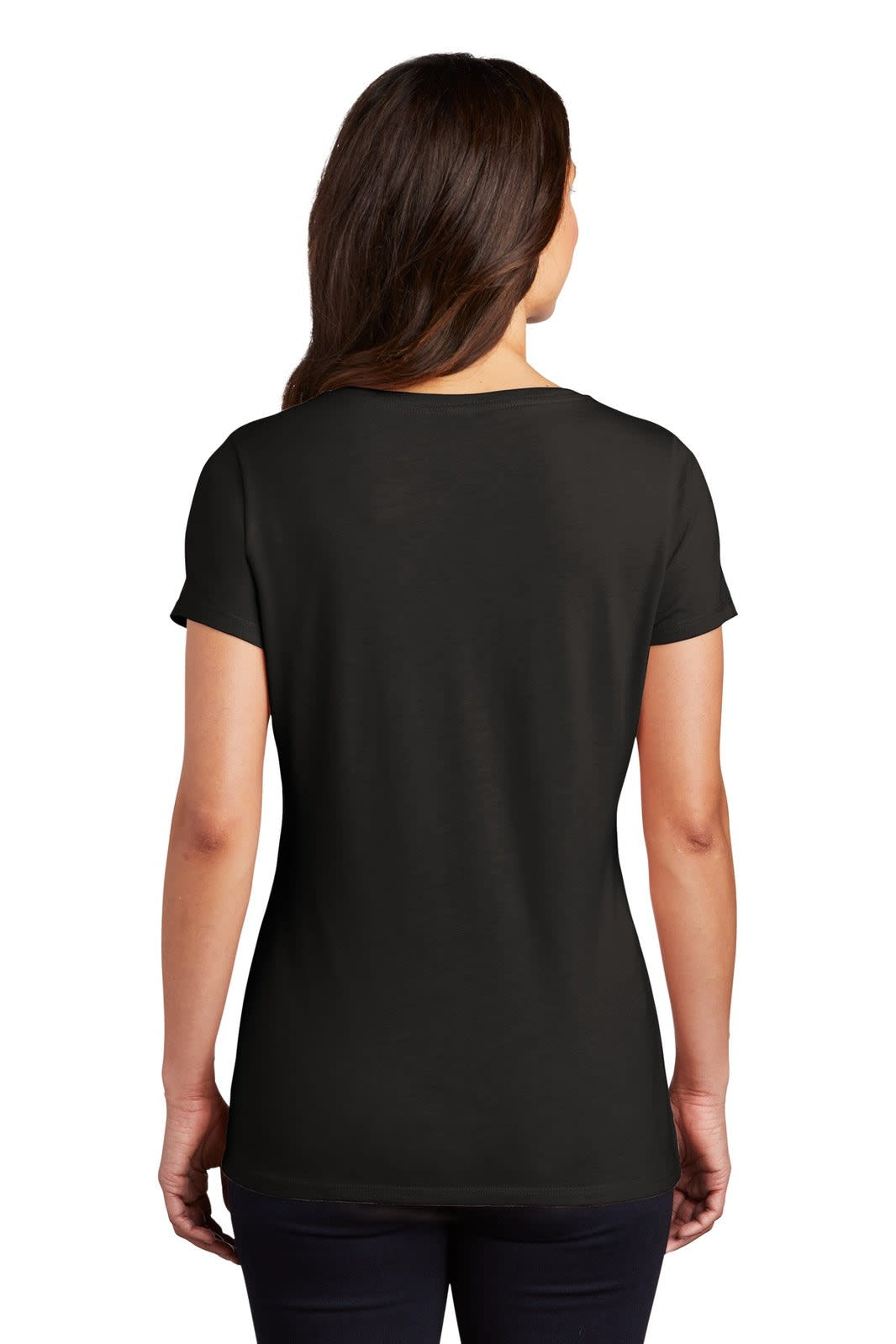 A black ladies' T-shirt with a V-neck and short sleeves, featuring a logo on the back.