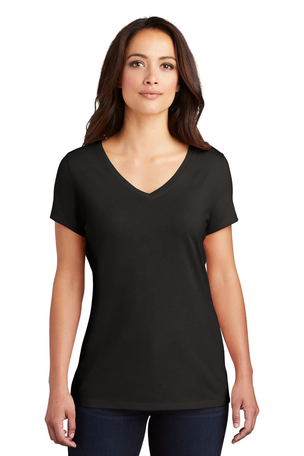 A black V-neck t-shirt for ladies with short sleeves. The shirt has a logo on it.
