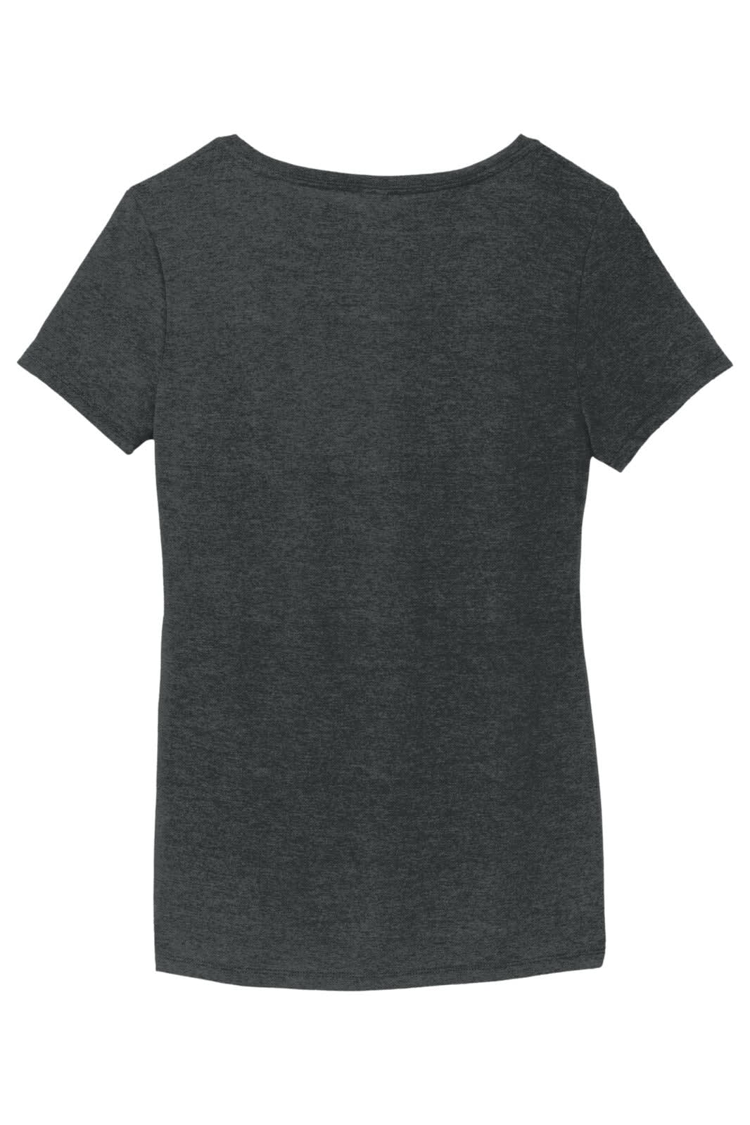 A dark grey ladies' t-shirt with a v-neck and short sleeves, featuring a logo on the back.