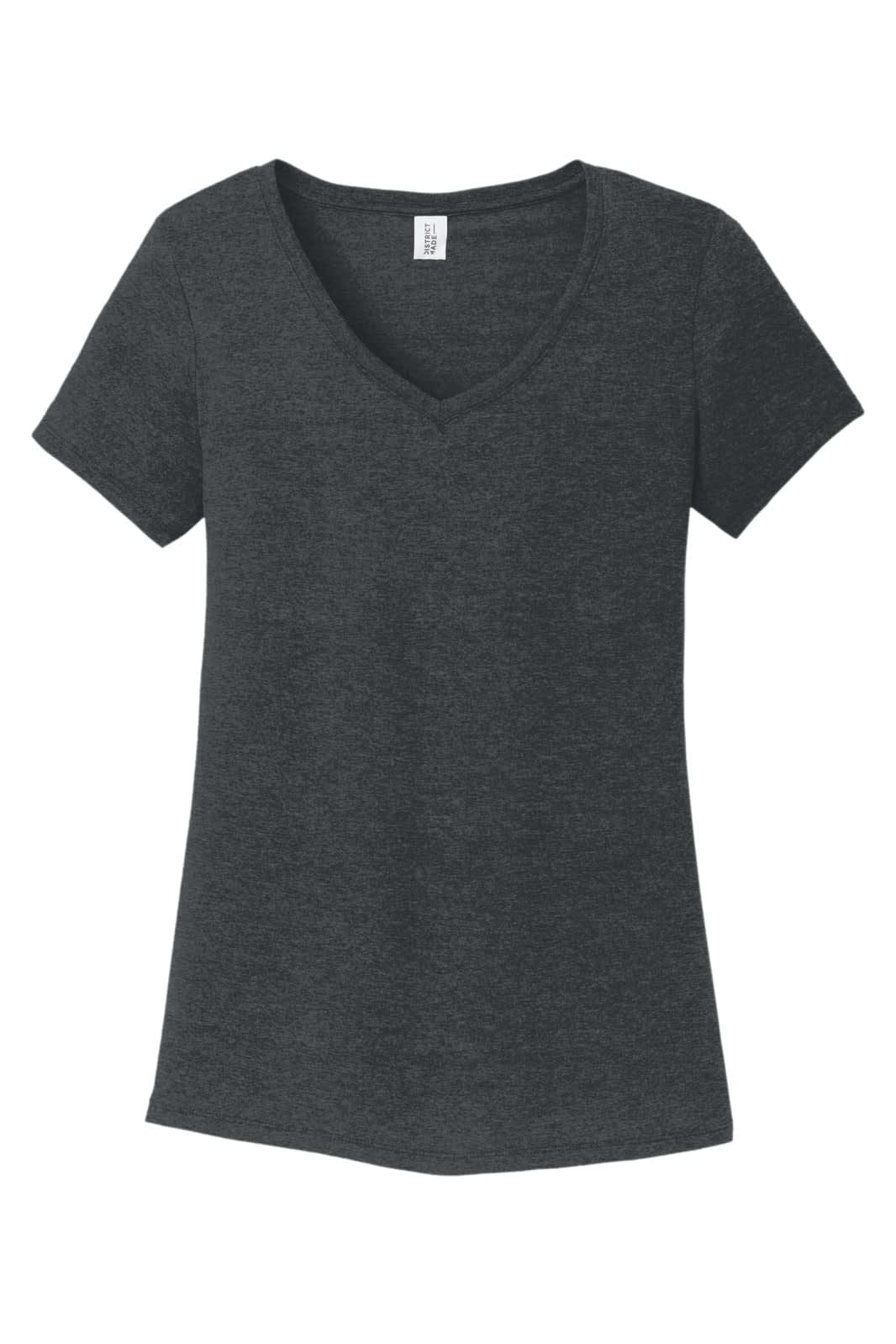 A dark grey V-neck t-shirt with short sleeves and a soft fabric texture. It features a logo.