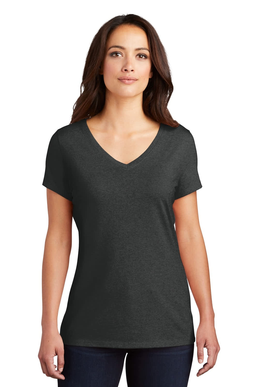 A dark grey ladies' v-neck t-shirt with short sleeves, featuring a subtle logo on the fabric.