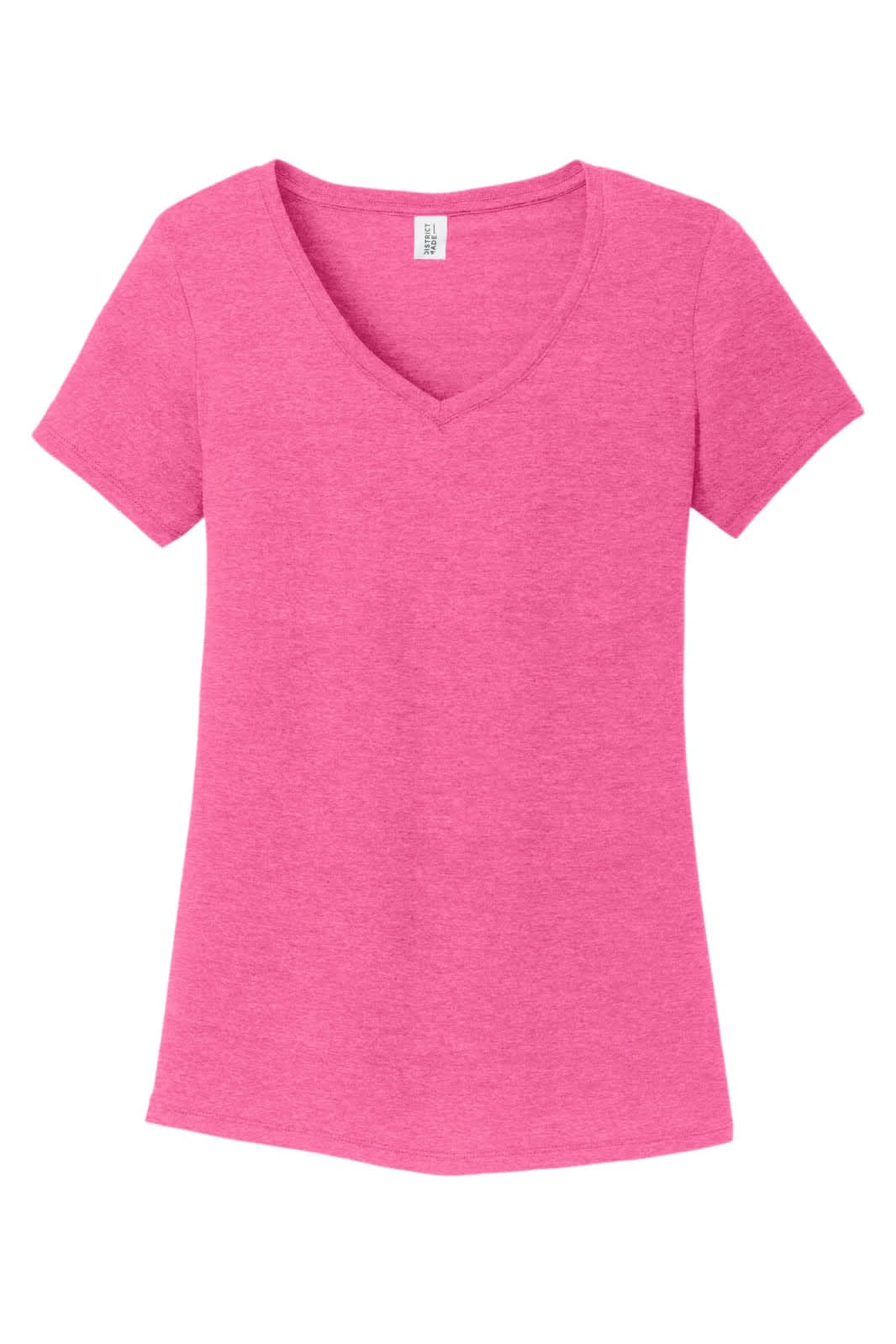 A pink v-neck tee with short sleeves, featuring a logo on the label. Ideal for casual wear.