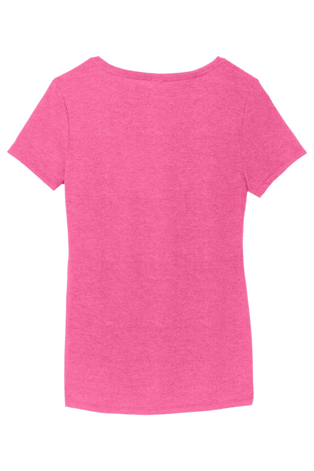 A pink V-neck t-shirt featuring a fitted design and short sleeves. It has a branding logo on the back.