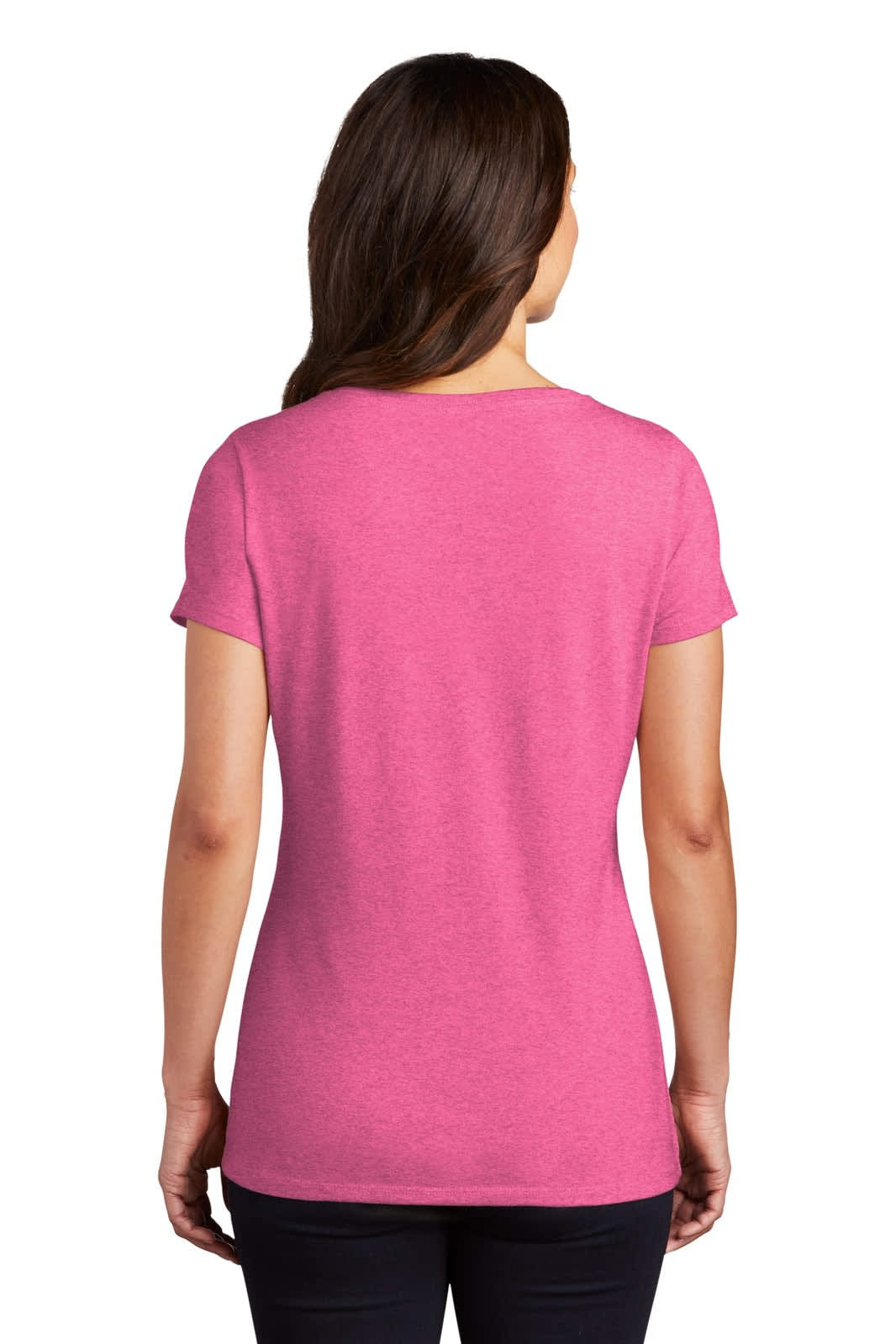 A person wearing a pink District Made Ladies Perfect Tri V-Neck Tee, viewed from the back. The tee has a fitted design.