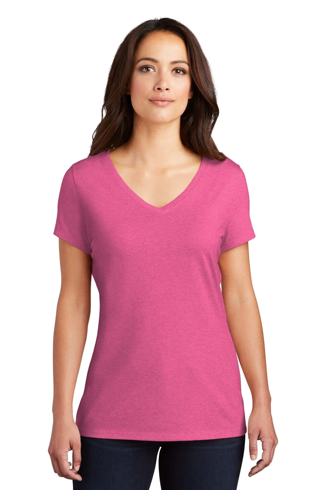 A pink ladies' v-neck t-shirt featuring short sleeves, made from soft fabric, with branding on it.