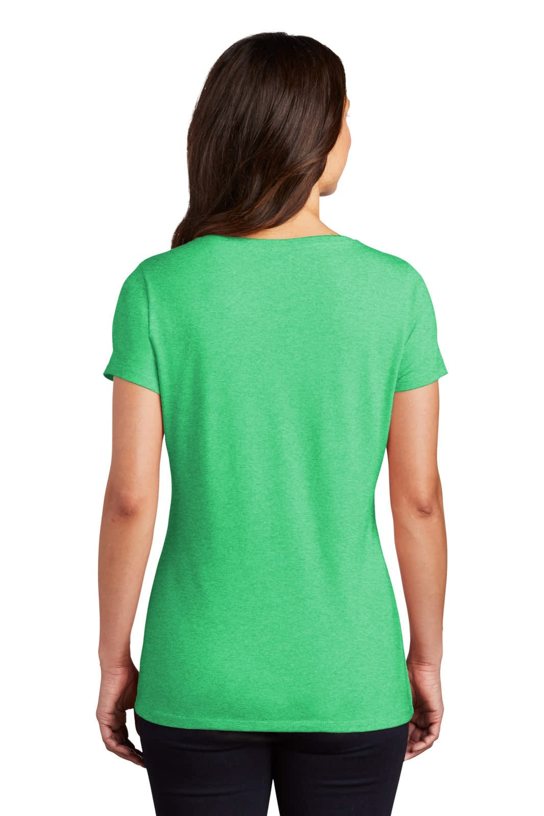 A green v-neck t-shirt for ladies, featuring a fitted style and short sleeves, with a branding logo on the back.