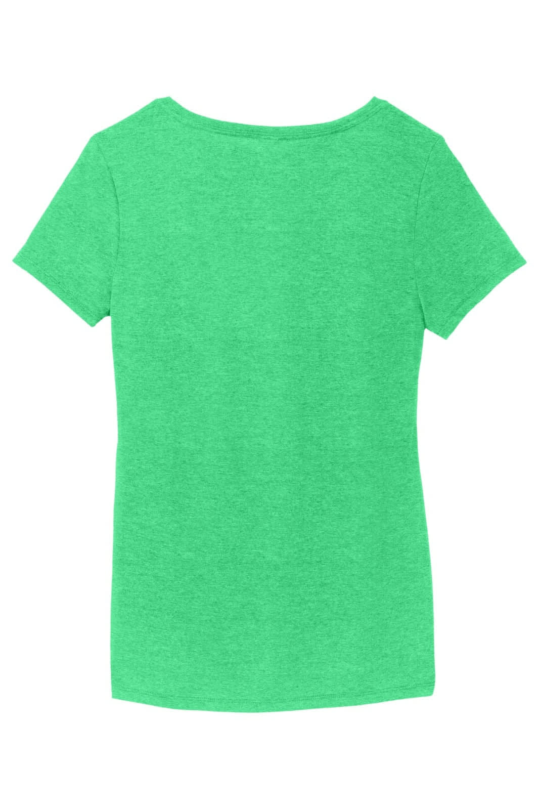 A green V-neck T-shirt with short sleeves and a soft, blended fabric, featuring a branding logo.