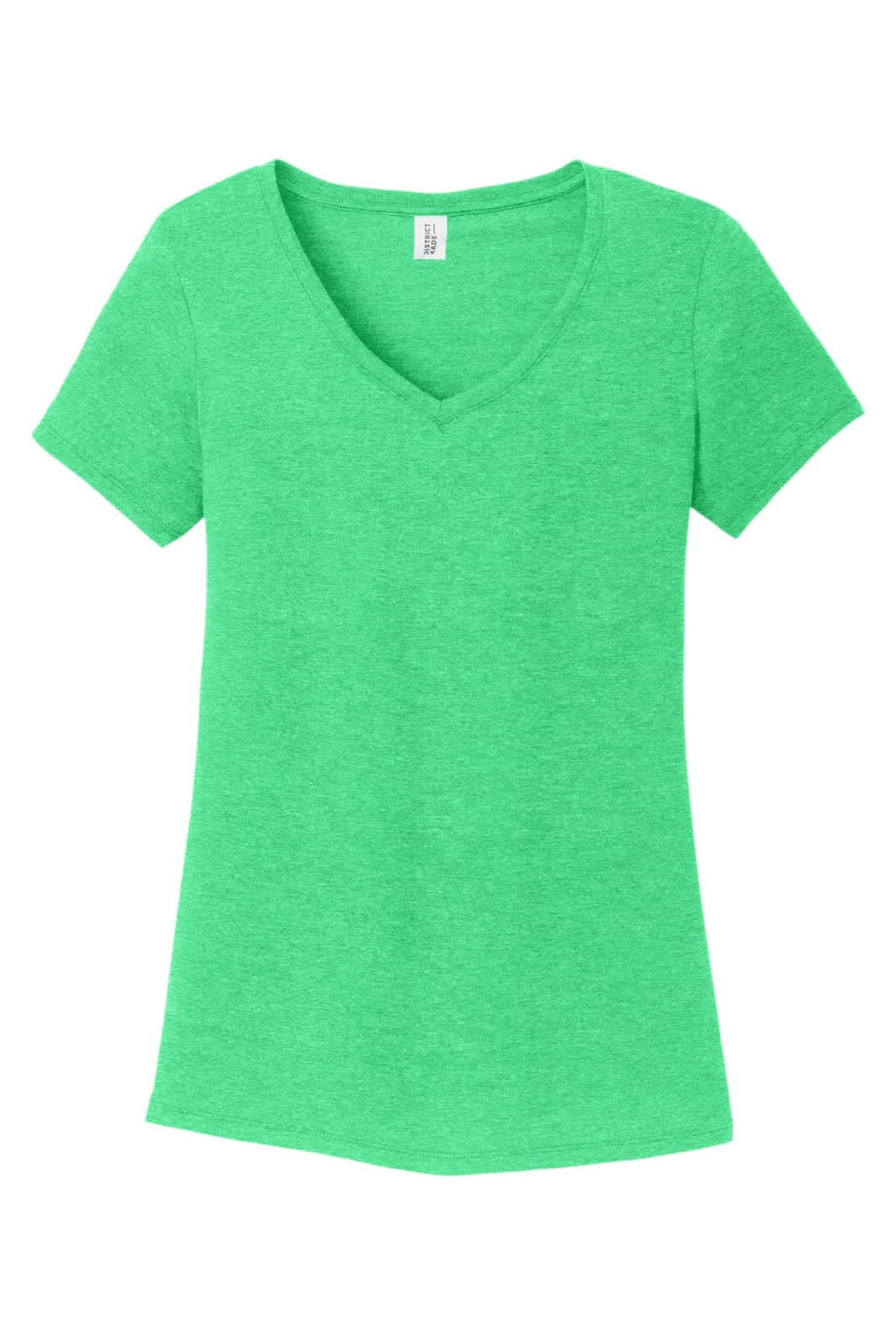 A green v-neck t-shirt with short sleeves, featuring a subtle heathered texture and a small logo.